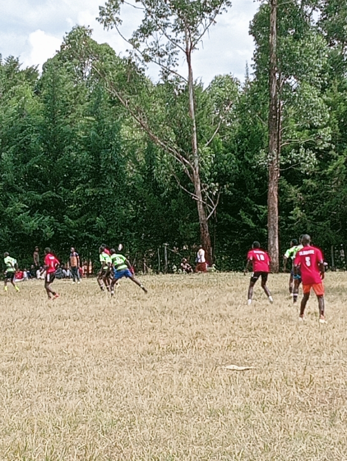 This image depicts an outdoor daytime scene in Lwandeti ward, Kenya, featuring a sporting event on a field with sparse, dry, light brown, and yellowed grass. Approximately 10 individuals are actively engaged in play across the midground and foreground. Five players wear red jerseys, one on the far right displaying the number '3' on his back, and another in the mid-right displaying the number '10'. Three players wear green and white striped jerseys, one in the mid-left captured in a leaning, active posture. Several other individuals are visible in the background, gathered beneath a dense line of dark green trees. Two significantly taller, slender trees with lighter bark and sparser foliage rise above the main treeline against an overcast sky featuring white and grey clouds.