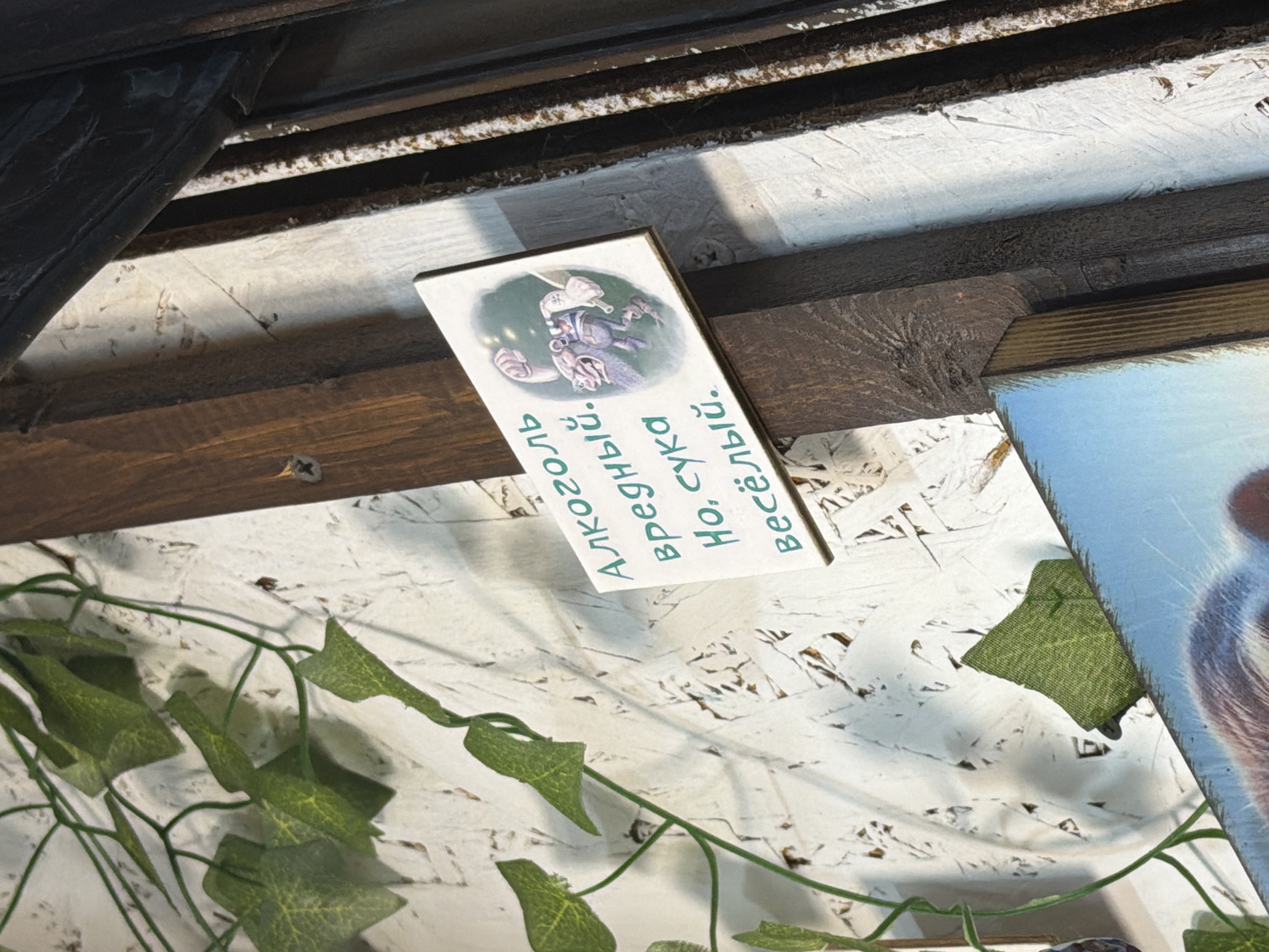 The image shows a close-up of a sign with text and an illustration, attached to a wooden beam. The sign has a white background and the text, written in green, appears to be in Russian. The illustration depicts a whimsical creature. To the left of the sign, there are artificial green leaves that resemble ivy, draped on a white, textured surface. The wooden beam has visible grain and is stained dark brown. To the right of the beam, there's a rusty, vertical metal element. The scene suggests an indoor or sheltered setting, possibly a cafe or a themed establishment, given the decorative elements. The lighting is somewhat dim, casting shadows that emphasize the textures of the objects. The sign reads "Алкоголь вредный. Но, сука, весёлый." which translates to "Alcohol is harmful. But, damn, it's fun." This sign, and the general aesthetic, suggests a humorous and informal establishment. No specific location in Sochi, Russia is provided by the visual information alone.