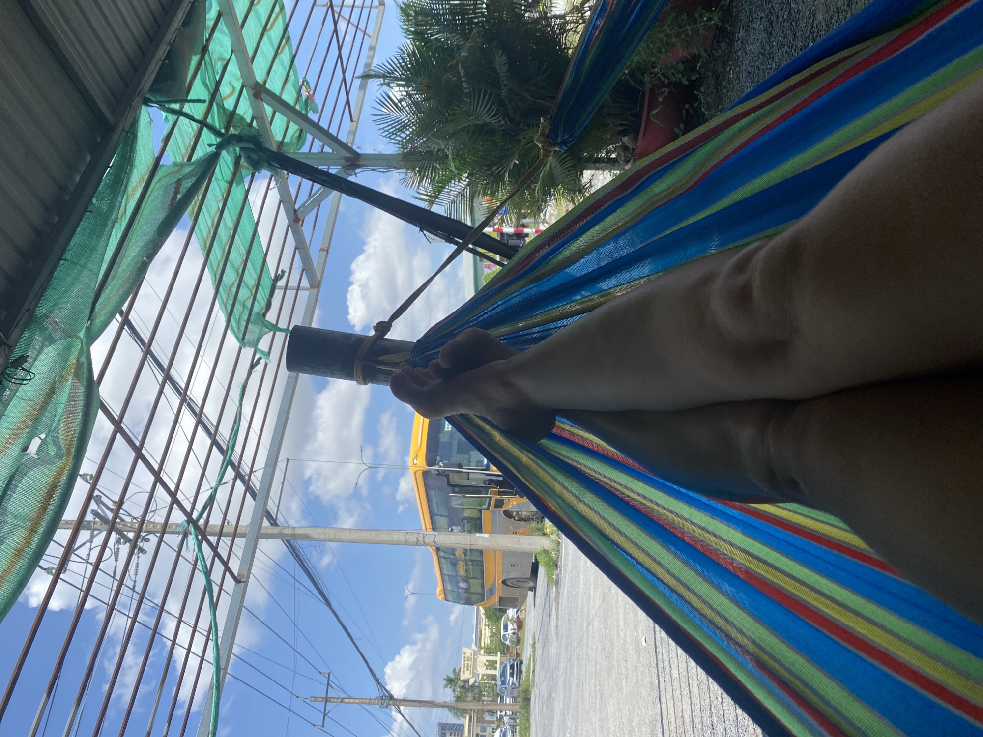 The image shows a person's legs resting in a colorful striped hammock. The hammock is suspended under a metal frame covered with green mesh netting, suggesting an outdoor shaded area. In the background, a yellow and gray bus is visible on a road, alongside other vehicles and buildings. Palm trees and other greenery are also present, indicating a tropical or subtropical environment. The sky is blue with scattered white clouds. The overall scene appears to be a rest stop or a casual outdoor area, possibly in Ben Cau, Vietnam, given the presence of a bus and the vegetation. The perspective is from someone lying in the hammock, looking out towards the street.