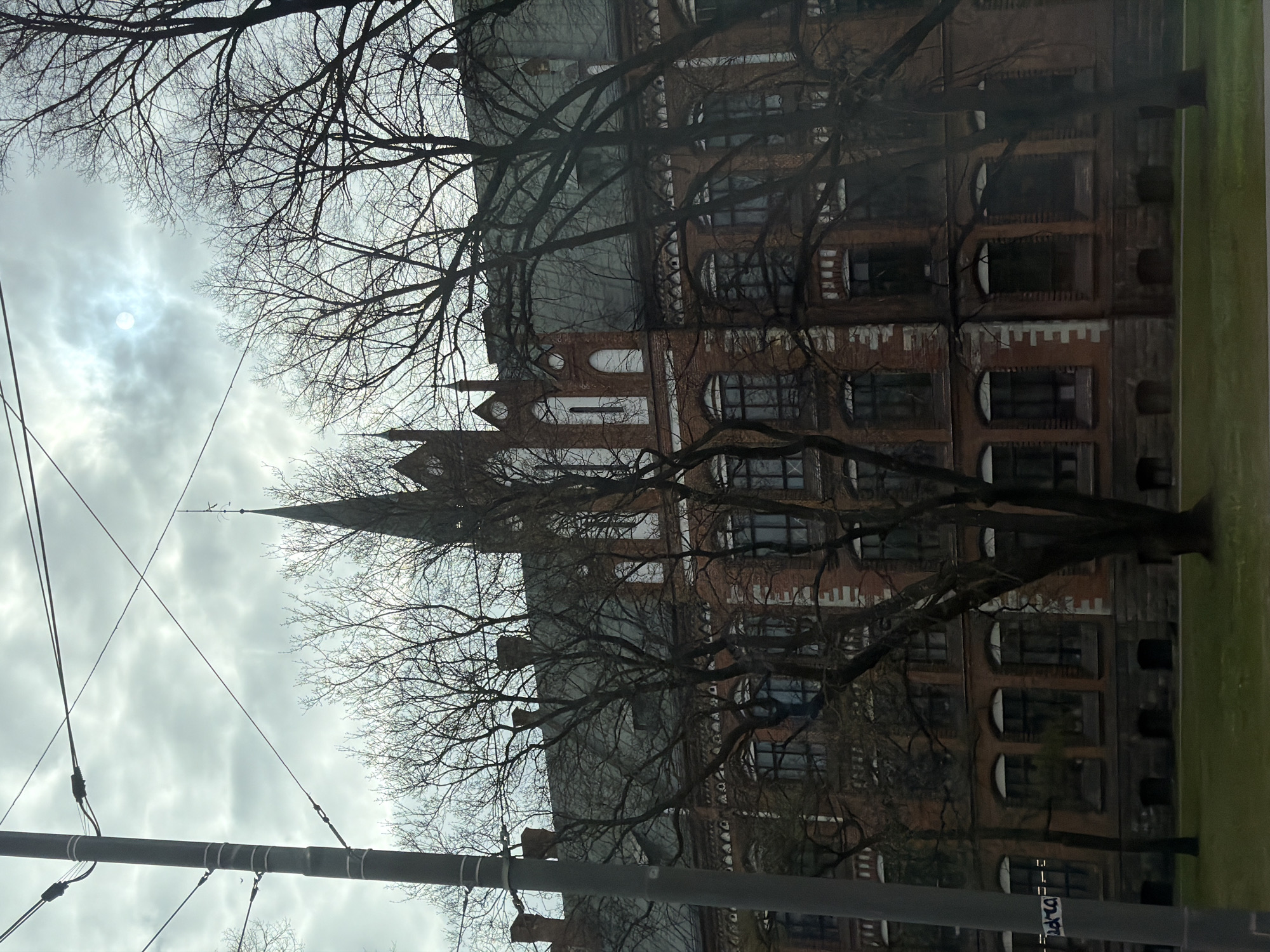 The rotated image captures an urban scene in Riga, Latvia, featuring a substantial brick building on the right, partially obscured by the intricate, bare branches of trees. The left portion of the frame is filled with an overcast sky, where a hazy, bright orb, likely the sun, softly pierces through the clouds.
The multi-story building displays a dark reddish-brown brick facade, accented with white decorative elements and numerous windows, many of which are arched. A central, prominent section of the building rises to a tall, slender spire, pointing towards the middle-left. The architecture appears to be historical, possibly neo-Gothic, characterized by its detailed ornamentation.
In the foreground, several electrical wires run across the sky, suggesting the presence of public transport infrastructure, and a dark streetlamp post occupies the lower-left. The trees, completely bare of leaves, indicate a colder season such as late autumn, winter, or early spring. A narrow strip of vibrant green grass is visible along the bottom edge of the image (which would be the right side if rotated to vertical orientation).
Faint graffiti, appearing as "ud-ra," is discernible on the streetlamp post. The scene is illuminated by a soft, diffused light owing to the heavy cloud cover, creating a calm and subdued atmosphere. No people or specific activities are present in this static landscape.