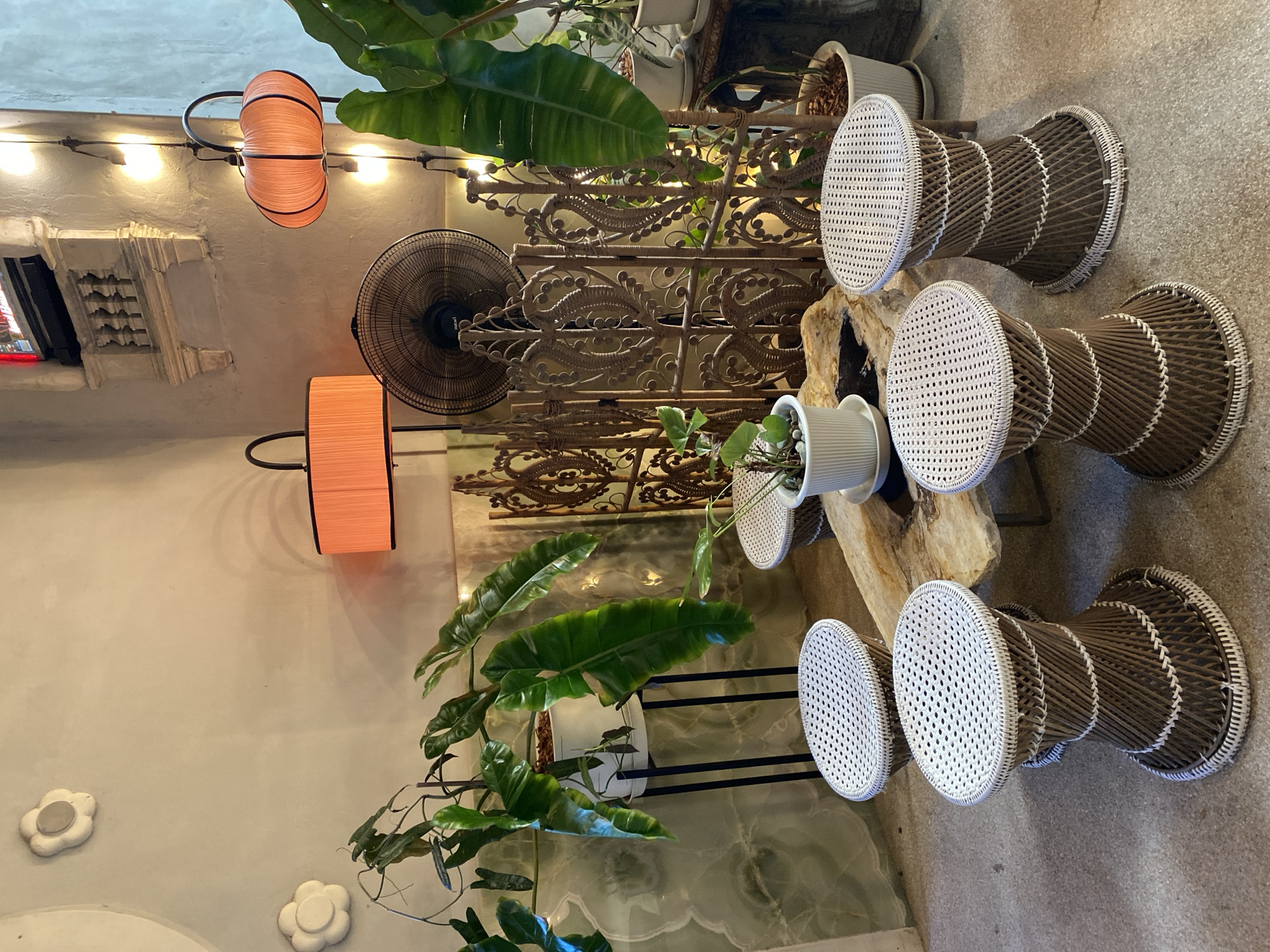 The image depicts an indoor setting, possibly a cafe or a lounge area, with a focus on decorative elements and plants. The scene is filled with an assortment of objects, including several woven stools with white perforated tops, arranged in a staggered fashion. A large black oscillating fan is visible, as well as two orange cylindrical lamps hanging from the ceiling, each with a metal frame.
The background features a textured wall and a patterned screen, likely made of wood or wicker, with intricate scrollwork. Several lush green plants in white pots are strategically placed throughout the scene, adding a touch of nature to the environment. One plant, with large, broad leaves, is prominently featured in the foreground. The floor appears to be a textured concrete or stone surface.
Two small, white, flower-shaped decorative items are attached to the wall on the left side of the image. The lighting suggests it could be daytime or evening, with artificial lights contributing to the ambient glow. There is no visible text in the image. The overall impression is one of a relaxed and bohemian-inspired space, possibly in Pattaya City, Thailand, given the provided location context, with a focus on natural materials and greenery. No people or specific activities are depicted, giving the impression of a static scene.