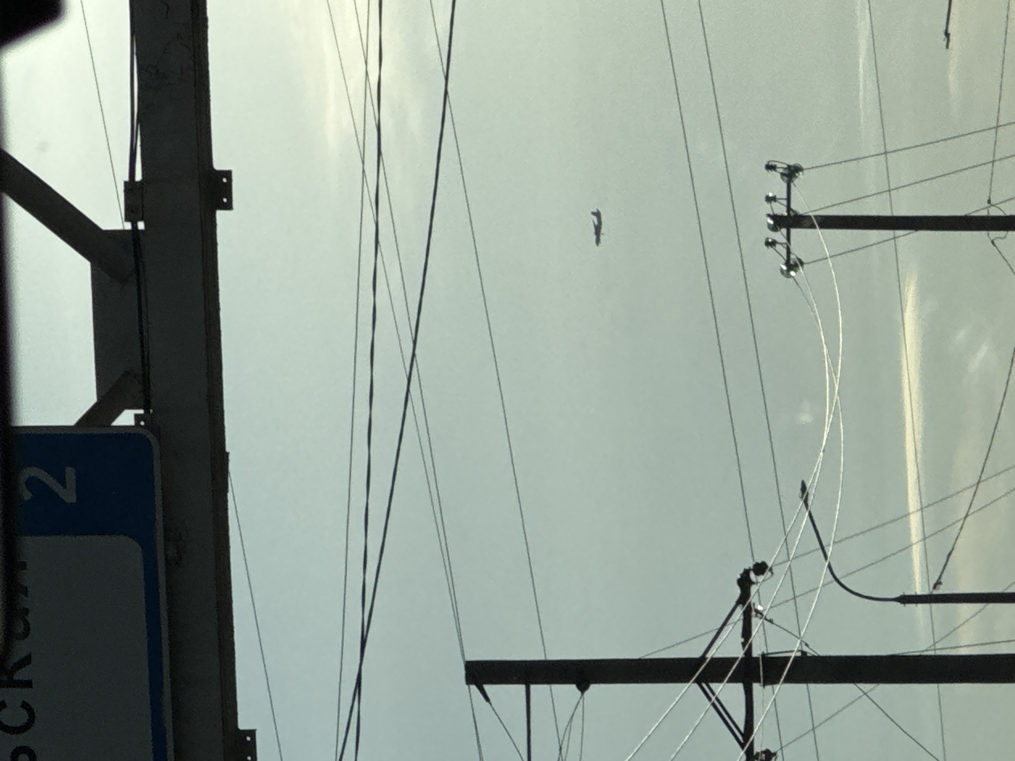 An outdoor medium shot captures a hazy sky with a silhouette of an airplane in flight. In the foreground, a dark, angled structure partially obscures the view of overhead wires. Below this, a dark vertical pole with crossbars and insulators supports multiple wires, with another pole visible to the right. A streetlamp extends from the left side of the frame. A blue sign with the number "2" is visible at the top of the image, with partial Cyrillic text. The scene appears to be in Novomar'evskaya, Russia, given the context provided.