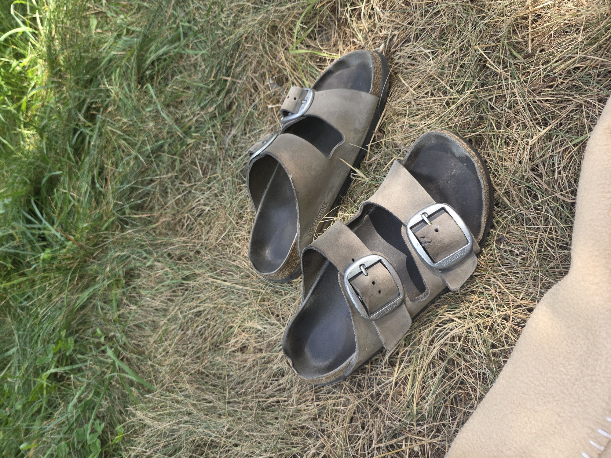 A pair of brown Birkenstock sandals are lying on dry grass with some green grass interspersed throughout. The sandals are positioned diagonally across the frame, with the left sandal closer to the bottom left and the right sandal to the upper right. Both sandals have two straps with silver buckles. The insoles of the sandals are dark grey and appear worn. The background consists of natural foliage, indicative of an outdoor setting. A corner of a light beige blanket or cloth is visible in the bottom left of the frame. The lighting suggests it is daytime, with shadows cast by the sandals. The scene is not explicitly located within Bishkek City, Kyrgyzstan, as there are no identifiable landmarks or contextual clues to suggest this specific location.