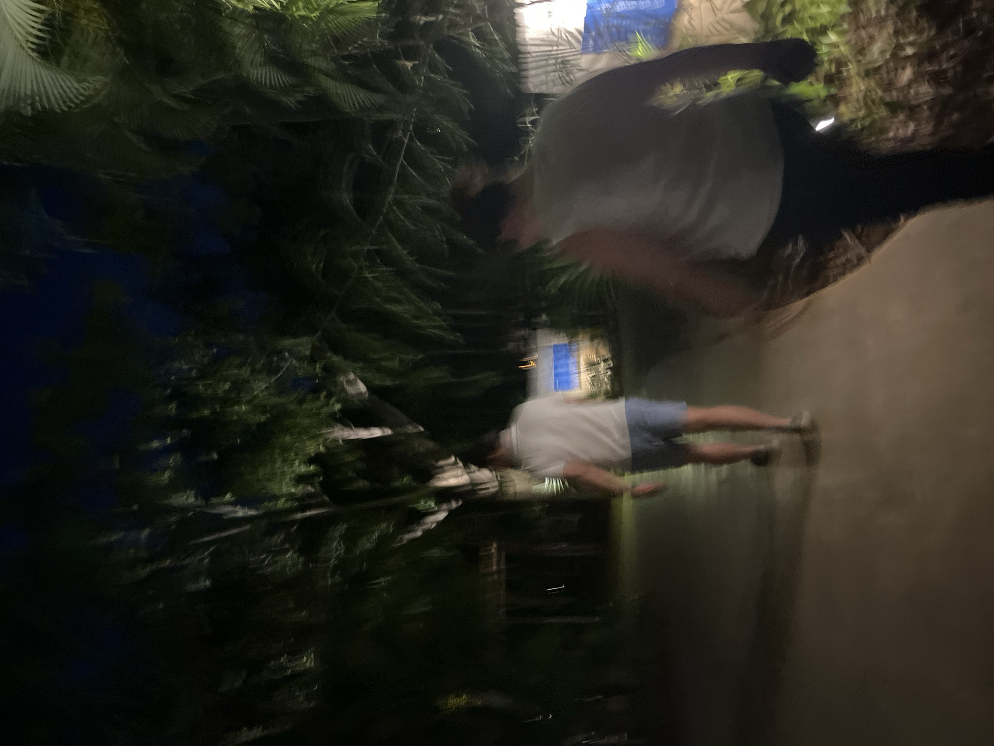 The image shows a dimly lit outdoor scene, likely in Playa del Carmen, Mexico, judging from the tropical foliage. There are two blurred figures in the image. The person closest to the right has dark pants and a white shirt. The other person in the shot has light-colored shorts and a white shirt. The background consists of trees, vegetation, and what appears to be a walkway. The image has motion blur and the scene appears dark.