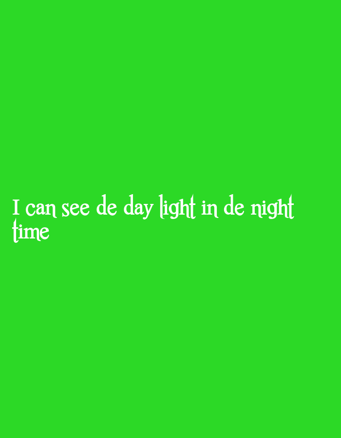 The image shows white text on a bright green background. The text is in a stylized font and reads "I can see de day light in de night time". The text is centered horizontally in the image and appears in two lines. The first line reads "I can see de day light in de night" and the second line reads "time". The image is an indoor shot, as suggested by the lighting and the lack of any environmental context that would indicate an outdoor location. There are no people or any other objects visible in the image.