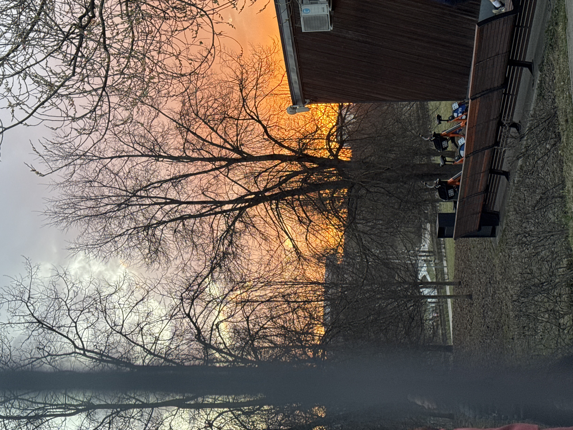 The image presents an outdoor scene, likely in Moscow, Russia, given the architectural style of the building and overall environment. The setting appears to be a park or recreational area with bare trees dominating the landscape, silhouetted against a vibrant orange and pink sunset sky.
A building with a dark wooden exterior stands on the right side of the frame, featuring an air conditioning unit mounted on the wall. Adjacent to the building are several wooden benches, with a few people visible seated on them. The presence of what appears to be exercise bikes suggests the area is designed for outdoor fitness.
The ground is covered with dry vegetation, typical of late autumn or early spring. In the distance, there are other buildings and infrastructure, though details are obscured by the trees. A hazy reflection is visible at the bottom of the image.