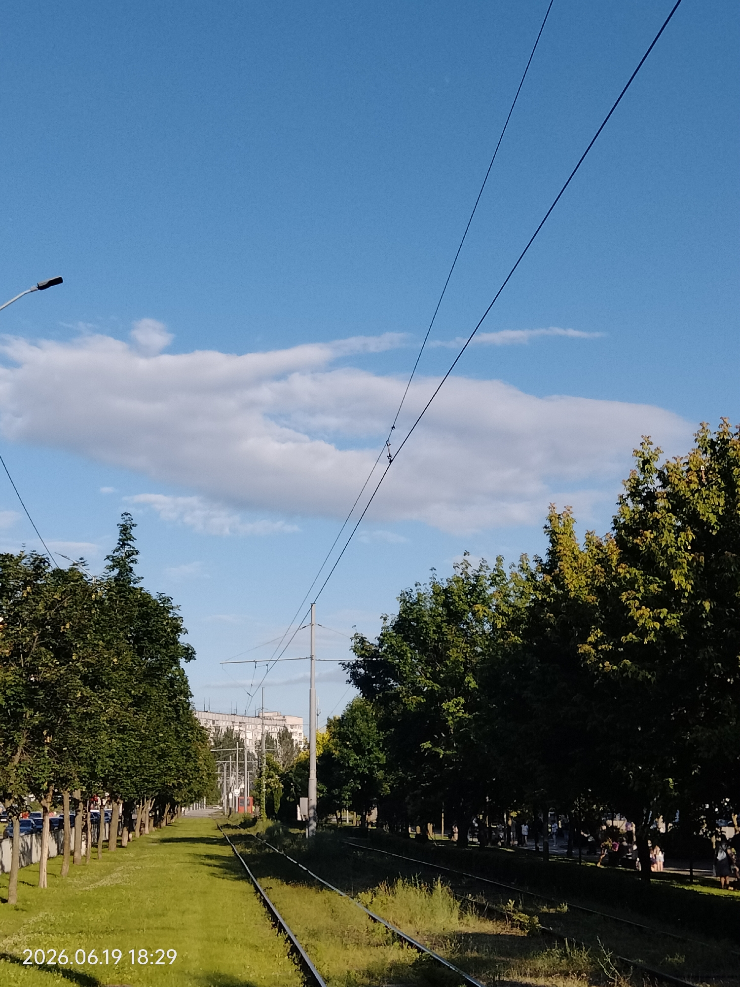 This media file depicts a street scene with tram tracks running through a grassy median lined with trees. The sky is a clear blue with a few fluffy white clouds. Overhead, tram wires stretch across the frame, supported by poles. On the left side of the tram tracks, a row of trees stands along a sidewalk where cars are parked and some buildings are visible in the distance. On the right side of the tracks, more trees create a dense line, and further down the street, a group of people can be seen walking and standing, some with children. The sun appears to be shining brightly, casting shadows from the trees. The overall impression is a pleasant, sunny day in an urban or suburban environment with public transportation. The time and date stamp in the bottom left corner indicates "2026.06.19 18:29," suggesting it is late afternoon on a summer day. There are no obvious emotional cues, but the scene appears peaceful and ordinary.