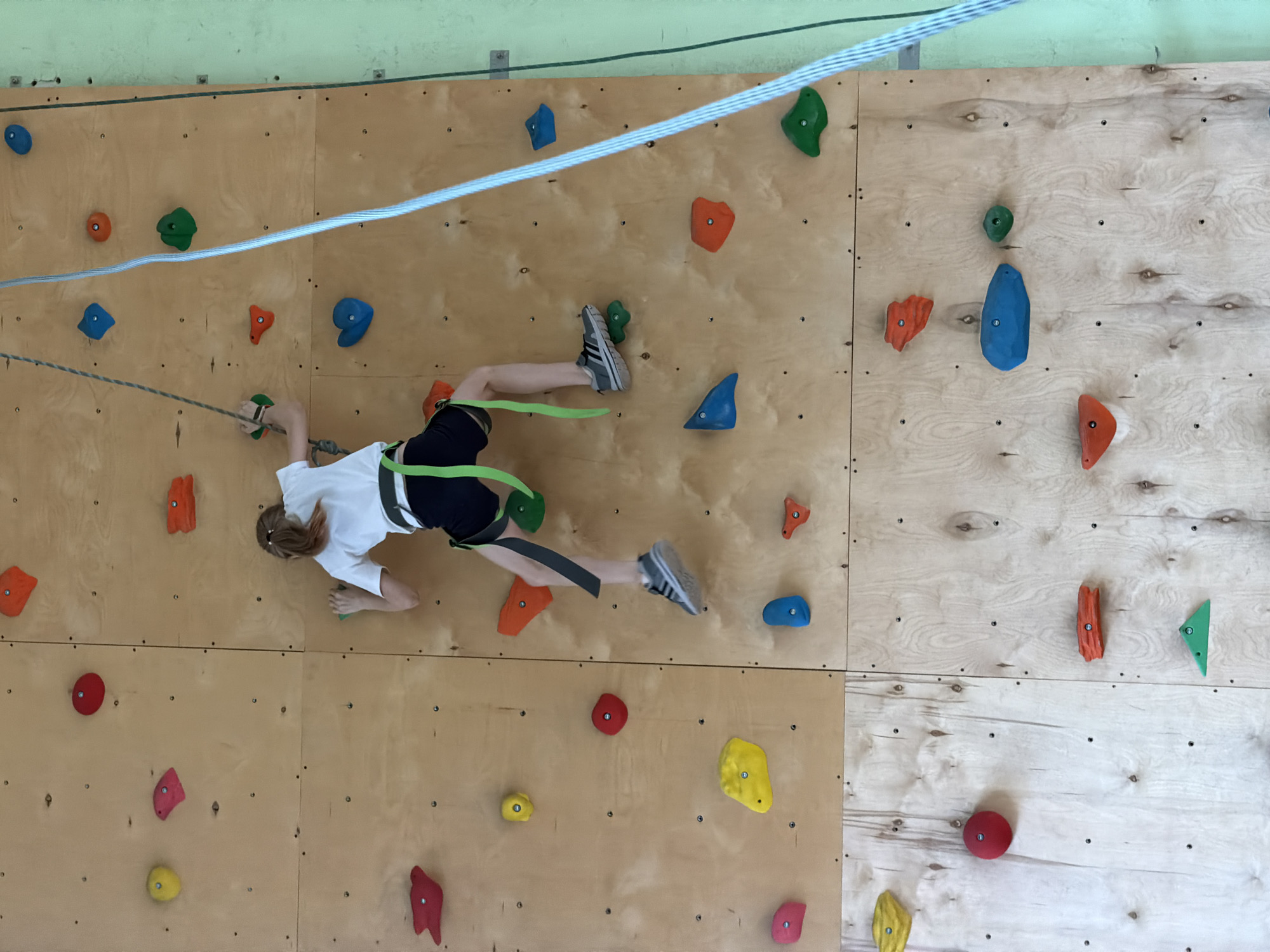 This image depicts a young person engaged in indoor rock climbing at a facility in Izhevsk, Russia. The central subject is a child or teenager, seen from an overhead perspective, actively ascending or traversing a wooden climbing wall. They are dressed in a white short-sleeved t-shirt, dark shorts, a lime green climbing harness, and grey athletic sneakers with black stripes. Their light brown hair is tied back.
The climbing wall is constructed from numerous light-colored wooden panels, secured by visible bolts and screws. It is densely fitted with a variety of colorful climbing holds of different shapes and sizes, including red, orange, green, blue, yellow, and pink. The climber is captured mid-movement, with one hand reaching for a green hold and their feet carefully positioned on other holds – one on a small green hold, and the other on an orange hold. Their posture conveys focus and physical effort.
A thin, grey belay rope is attached to the climber's harness, providing safety. Additionally, a thicker, light blue and white rope stretches diagonally across the upper portion of the image, suggesting it is part of the top-rope or lead climbing system. The top edge of the climbing wall meets a light green painted surface, likely a wall or ceiling of the indoor gym. The scene highlights a moment of determined physical activity within a dedicated indoor climbing environment. No text is visible in the image.