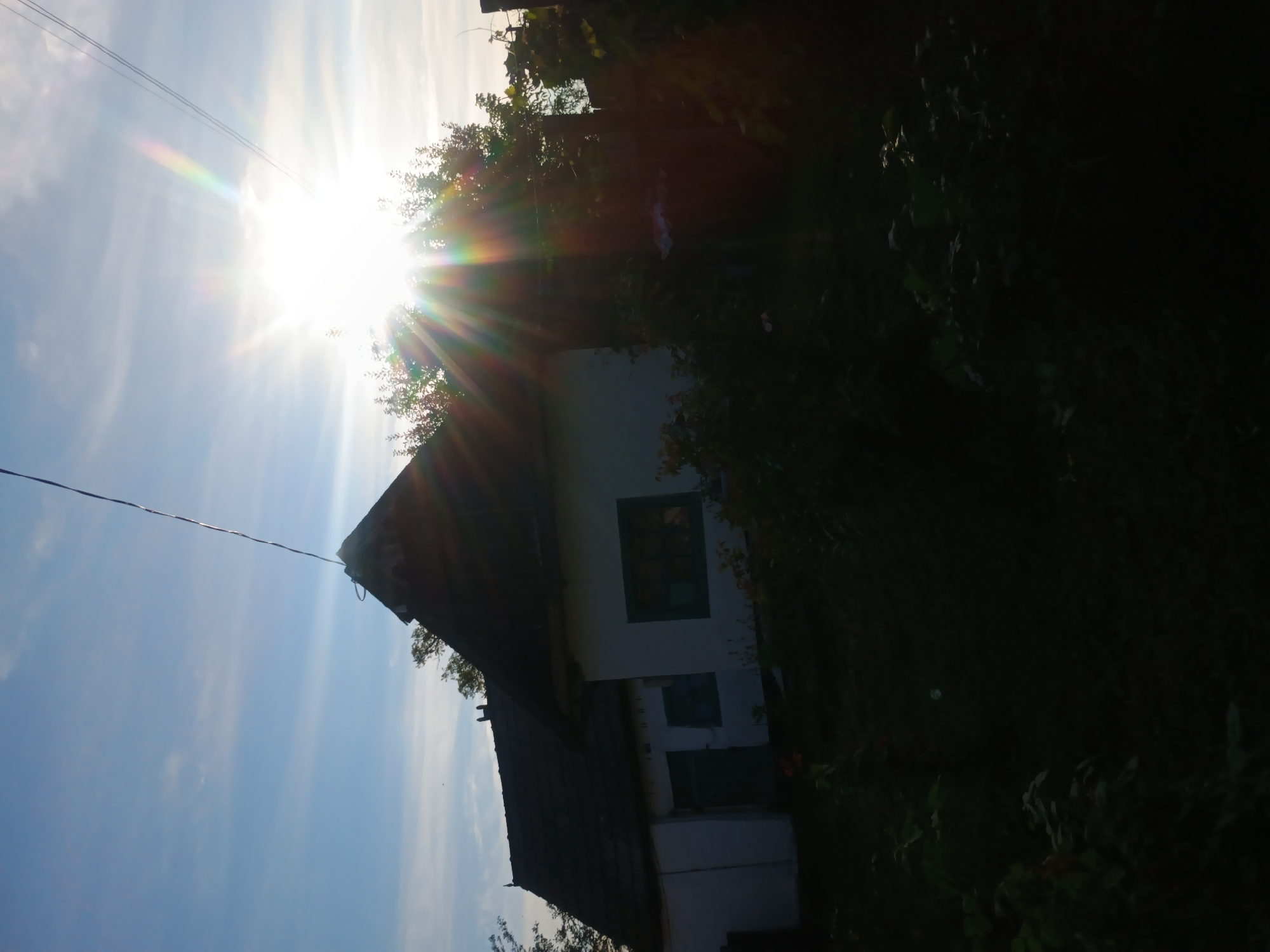 The image depicts a traditional rural house with a thatched roof, bathed in the bright, lens-flared light of the sun. The house is white with green window frames. Lush green foliage surrounds the structure, with some plants appearing to be in the foreground. A power line stretches across the top of the frame, bisecting the sky. The overall impression is one of a serene, sun-drenched day in a rural Ukrainian setting, possibly Kliushnykivka, given the typical architecture. There are no people visible in the frame.