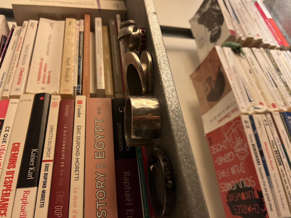 A bookshelf crammed with paperbacks, largely French literature, with spines visible. Authors include Charles Bukowski, Eric Chacour, Marguerite Duras, Philippe Besson, Lisa Balavoine, Sally Rooney, Raphael Er, Eric Dupond-Moretti, Kero, Pascal Asers, Arthur Schopenhauer, and Friedrich Nietzsche. A collection of metal rings and an ornate object perch on the shelf's edge, partially obscuring the books. The titles and cover designs vary, showcasing a diverse range of literary works.