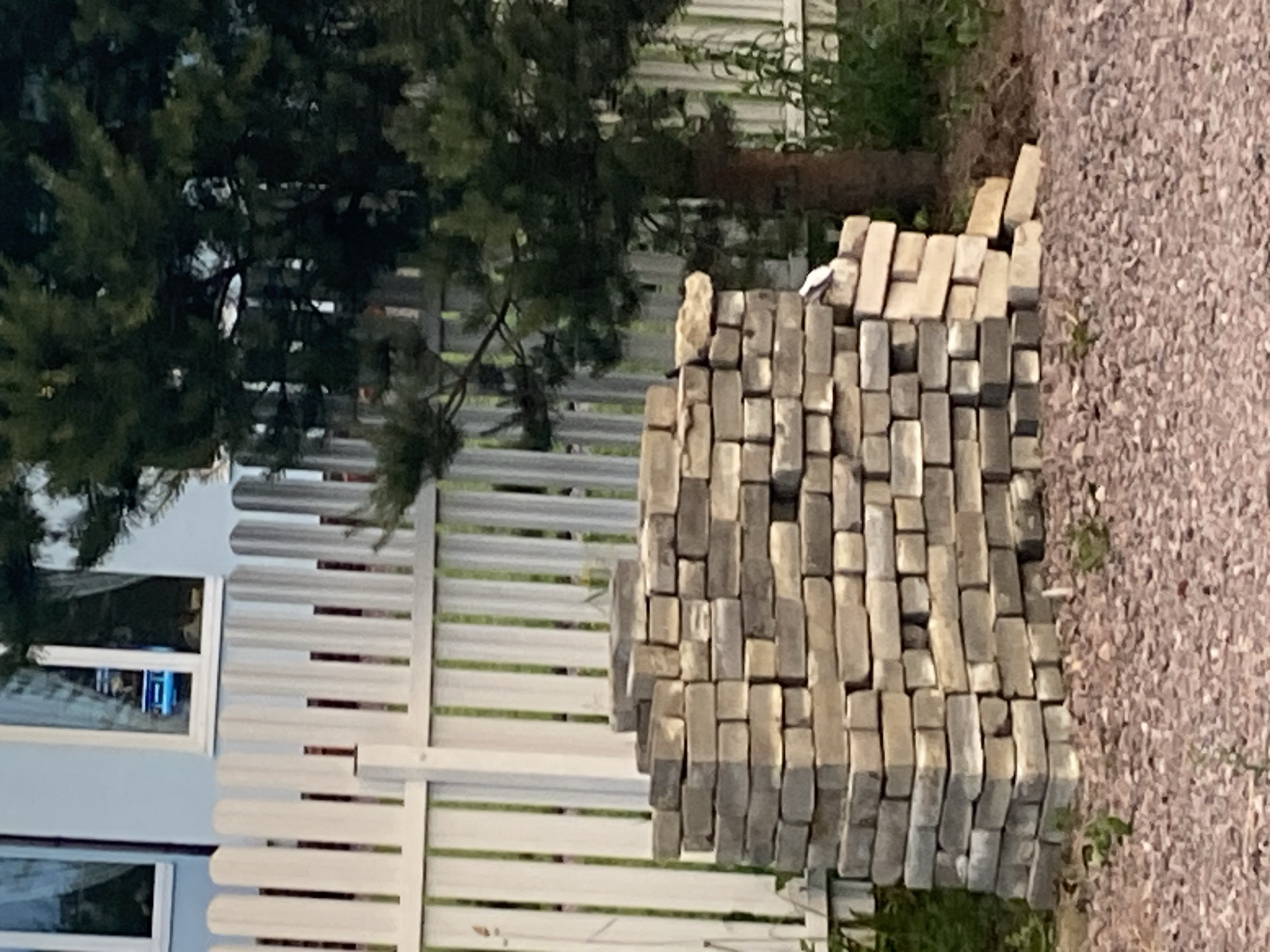 A stack of pale gray paving stones is positioned on a gravel surface in front of a white picket fence. Behind the fence, a light blue building with white window frames is visible, with greenery and a dark tree trunk further in the background. The paving stones are arranged in an irregular, stepped formation, with some stones leaning against the main stack. The overall scene appears to be outdoors, possibly in a yard or construction area. The location is identified as Bol'shoe Zaborod'e, Russia.