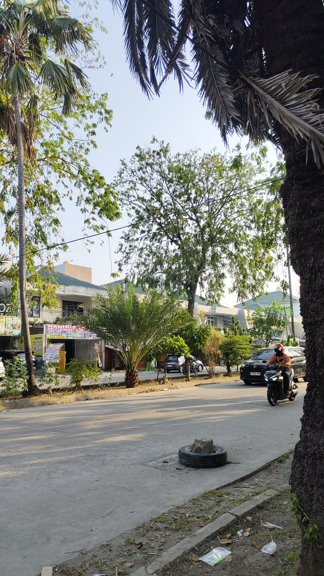 The image depicts a street scene in Bekasi, Indonesia, bathed in the warm light of what appears to be late afternoon. Tall palm trees frame the shot, their fronds casting shadows across the asphalt road. In the mid-ground, a row of buildings with light-colored walls and green tiled roofs lines the street. A prominent palm tree stands in front of one of these buildings, and various smaller trees and bushes are planted along the sidewalk.
Several vehicles are visible on the road. A person wearing an orange shirt and a helmet is riding a black motorcycle in the right lane, heading away from the camera. To the left of the motorcycle, a black car with the license plate "B 2700 KPU" is also traveling in the same direction. Further down the road, another silver car is parked or moving slowly. In the foreground, on the side of the road, a discarded tire lies on the pavement, filled with what looks like a rock. The ground on the side of the road is covered in dry grass and scattered leaves, with a few plastic wrappers visible. The sky above is clear and a pale blue. The overall impression is of a typical urban street in Indonesia during a calm period of the day.