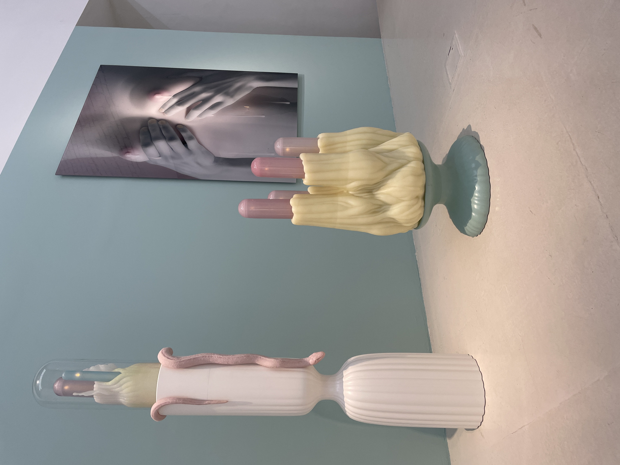 The image displays an art installation featuring two distinct sculptural elements and a photograph. The photograph, hung on a light blue wall, depicts a close-up of a person's torso and hands, with fingers delicately touching the skin. The lighting in the photograph is soft and ethereal, creating a dreamlike quality.
To the right of the photograph, a sculpture is mounted on the wall. This sculpture is abstract and organic in form, with a pale yellow, textured material that appears to be rippling or flowing. Several translucent pink tubes protrude from the center of this yellow form, some appearing to be partially inserted into it. The base of this sculpture is a light blue, vase-like element with fluted detailing.
Below and to the left of the wall-mounted sculpture is another sculptural piece. This one is more elongated and appears to be composed of several parts. The left end is enclosed in a clear glass cylinder, revealing a pale yellow, fanned-out form within, accompanied by small, cloud-like white and light blue elements, and a pink tube. Pink, snake-like appendages emerge from the right side of this glass cylinder and wrap around a white, ribbed cylindrical structure that tapers outwards to a broader base on the right. This white structure has a ribbed texture reminiscent of fluting.
The overall setting appears to be an indoor art gallery or exhibition space, with neutral-colored walls and floor. The lighting is artificial, casting shadows on the floor from the sculptures. The mood conveyed by the artwork and its presentation is one of artistic contemplation, possibly exploring themes of the body, fragility, or transformation. There is no visible text in the image.