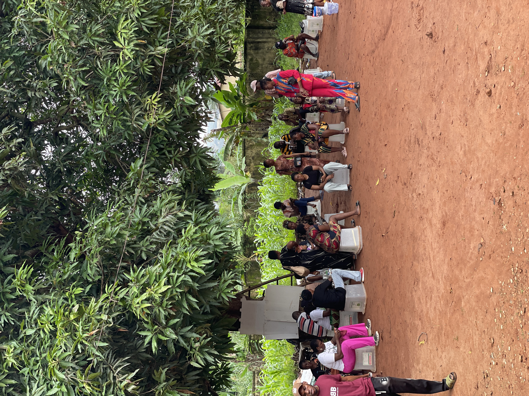 This image depicts a group of people gathered outdoors in what appears to be a rural setting in Ogidi, Nigeria. The scene is dominated by lush green trees on the left and a reddish-brown dirt ground on the right. Several individuals, mostly women, are seated on white plastic containers, arranged in a line. They are dressed in a variety of colorful and patterned clothing, suggesting a community gathering or event.
The people are facing towards a building or structure that is partially visible in the background, indicating that an activity or presentation might be taking place. Some individuals are looking in different directions, while others seem engaged with something off-camera. The presence of plastic containers as seating suggests a communal or makeshift setup for an event.
The time of day appears to be daytime, with natural light illuminating the scene. The weather seems pleasant, as people are comfortably seated outdoors. The lush vegetation suggests a tropical climate.
One person in the foreground is wearing a maroon t-shirt with visible white text that appears to be "BB". Another person in the background is wearing a vibrant red and blue outfit. The overall atmosphere seems relaxed, with a sense of community present. The ground has some small pebbles and dried leaves scattered across it. The scene is captured in a portrait orientation.
