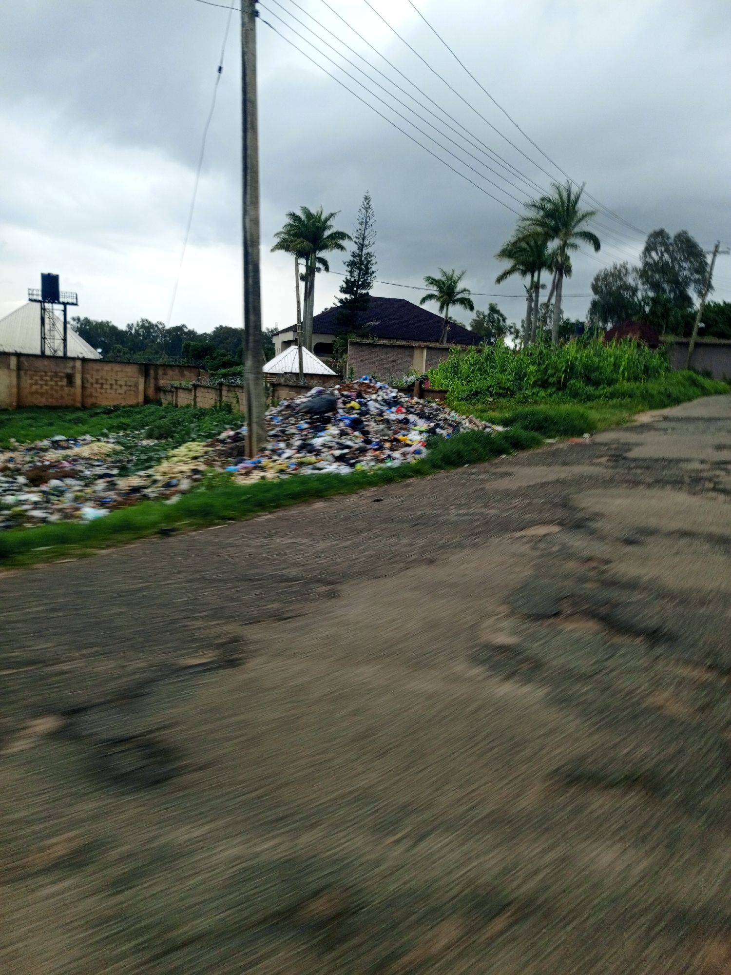 The image shows a pile of garbage on the side of a road in Jos, Nigeria. The garbage consists of various plastic bottles, bags, and other debris. There is also a large amount of vegetation growing around the garbage. In the background, there are several houses and palm trees. The sky is cloudy and overcast. The road appears to be made of asphalt and is in poor condition with potholes visible. A utility pole with power lines runs vertically through the center of the image. The scene appears to be an informal dump site next to a residential area.