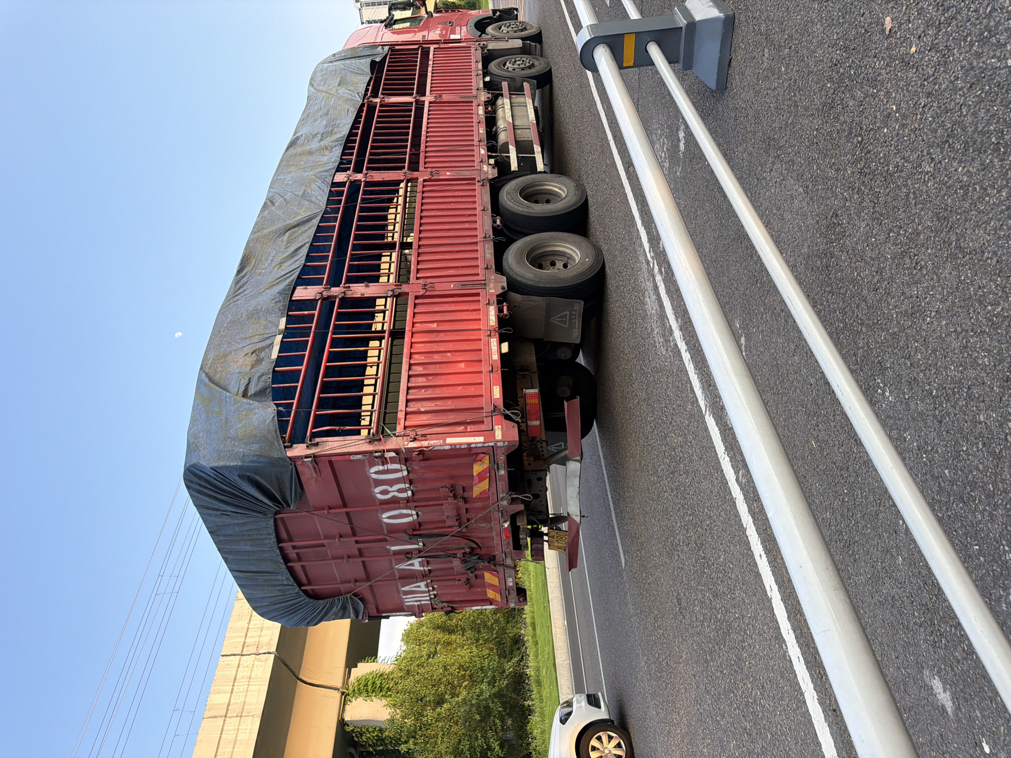 An outdoor, eye-level, medium shot shows a red, caged truck on a highway in Jiangjin, China. The truck is covered with a dark tarp. The truck's license plate is visible, reading "WA AL 080." A white car is to the left of the truck. The highway is asphalt, with white lane lines. In the background, there is an overpass, green trees, and a clear blue sky with a crescent moon. A guardrail with white poles is in the foreground.