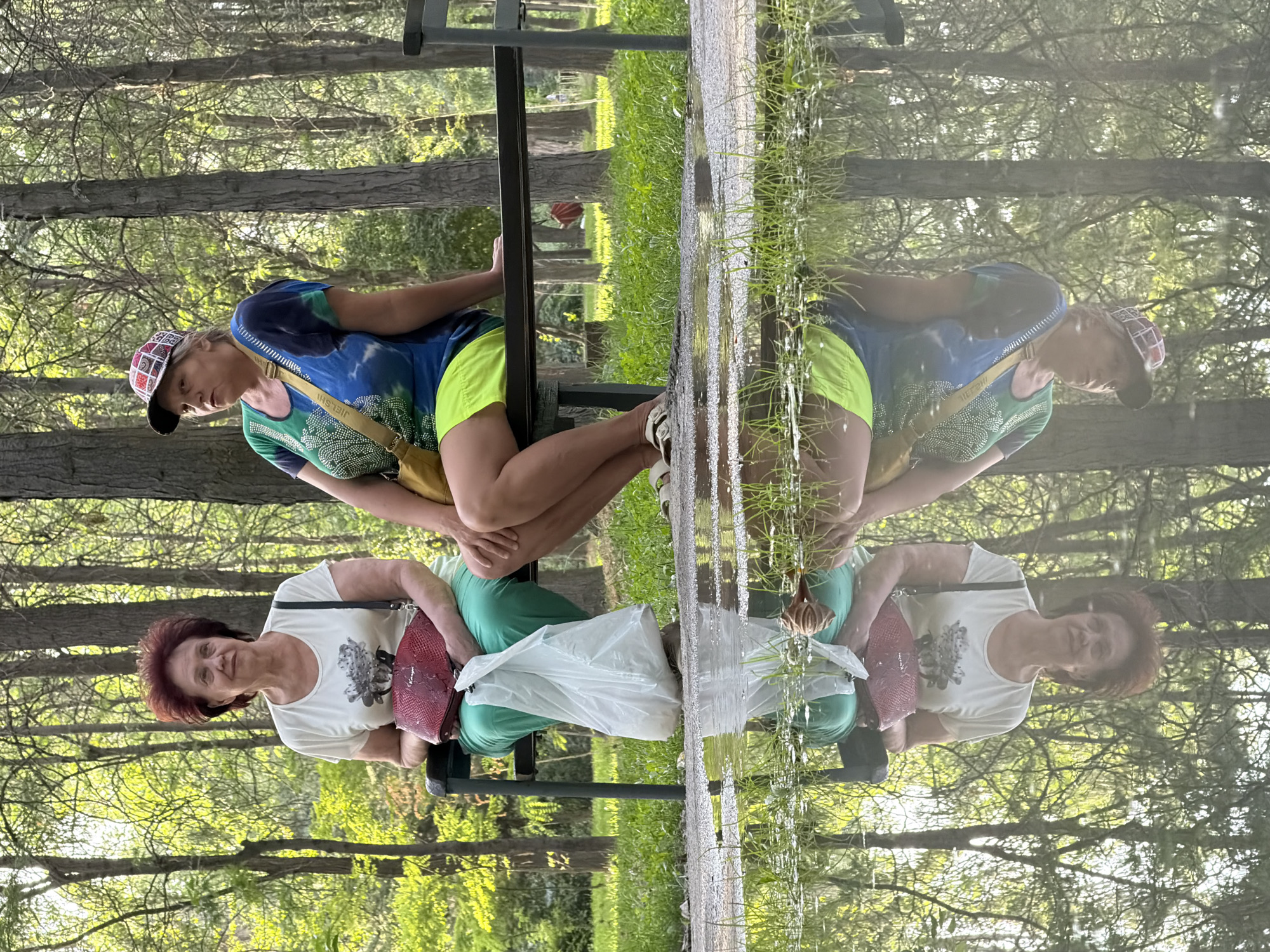 Two women are sitting on a park bench reflected in a puddle. The woman on the left has red hair and is wearing a white t-shirt with a floral design, green pants, and is holding a red purse. She has a white plastic bag on her lap. The woman on the right has blonde hair and is wearing a multicolored t-shirt, neon yellow shorts, and a baseball cap. She is wearing a yellow crossbody bag. The background consists of trees and green grass. The lighting suggests it is daytime. The scene is a park in an unspecified location.