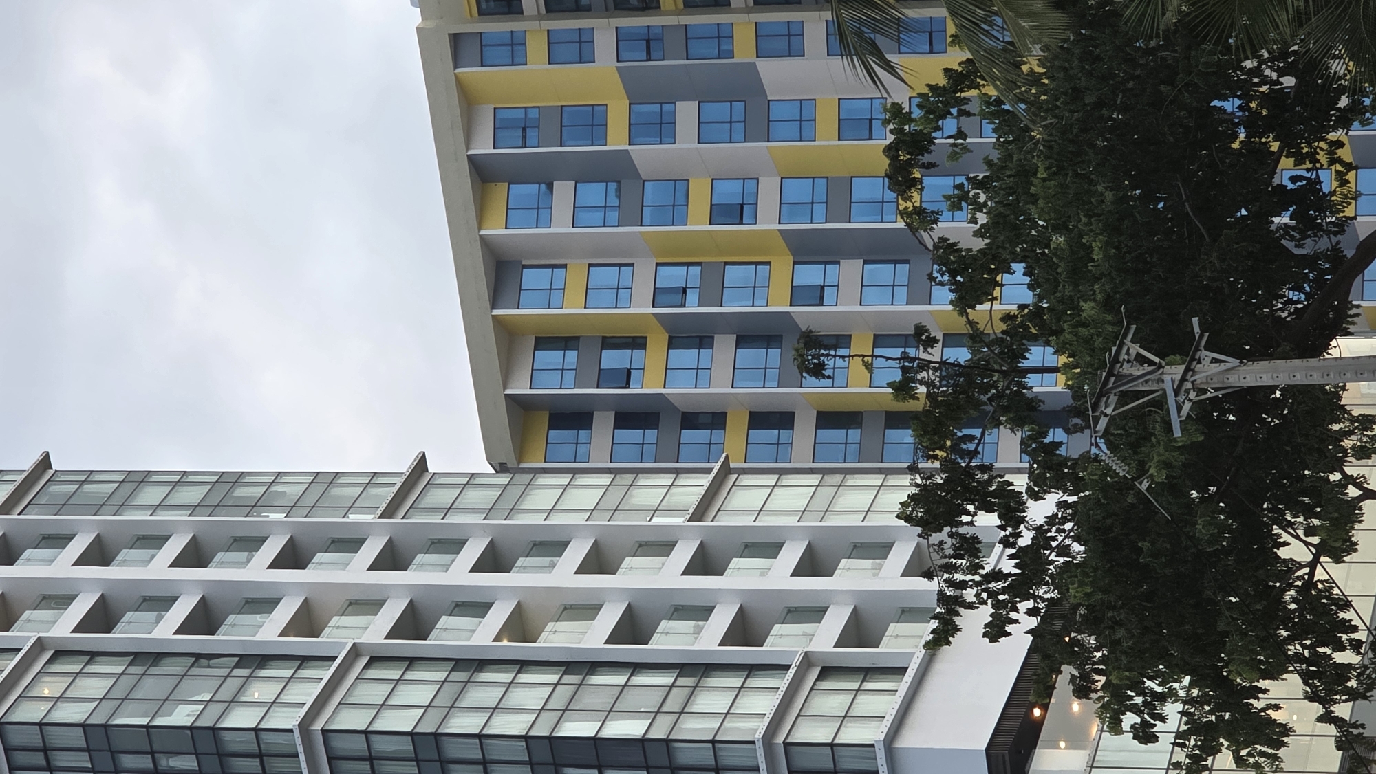 An upward-angled shot captures two modern buildings and surrounding foliage under an overcast sky in Nha Trang, Vietnam.
The prominent building on the upper right is a multi-story structure with a striking facade. Its exterior features a checkerboard pattern of alternating bright yellow and light grey rectangular panels. Each panel frames a square, blue-tinted window, many of which appear to be slightly ajar, suggesting natural ventilation. The building has recessed sections, creating a dynamic, angular profile.
To the lower left, a second building with a different architectural style is visible. This building is predominantly white or light grey, characterized by horizontal bands and numerous large glass panels arranged in a grid-like pattern. Its design appears more structured and angular, with stepped sections.
In the mid-ground on the right, a dense, dark green tree with numerous branches partially obscures the colorful building. Overhead, some fronds of a palm tree are also visible, hinting at the tropical location. A metallic utility pole or structure with several arms and what seem to be wires or conduits stands in front of the tree branches. Small, warm-toned lights are visible near the bottom right, possibly decorative lighting on the lower building.
The sky is a uniform light grey, indicating an overcast day. The overall impression is that of an urban setting with contemporary architecture and lush vegetation. No human activity or visible text is present.