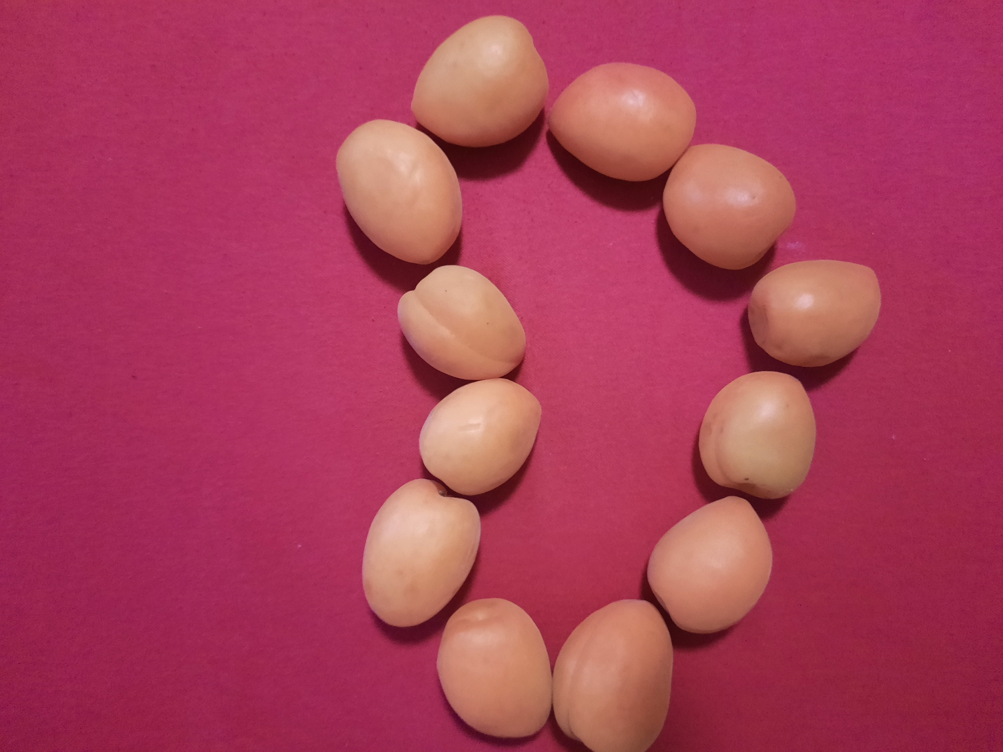 A heart shape is formed by approximately twelve apricots on a pink background. The apricots are light orange and oval-shaped. The image is a top-down view of the apricots arranged on a flat surface. There is no information available about the location in Rosenheim, Germany.