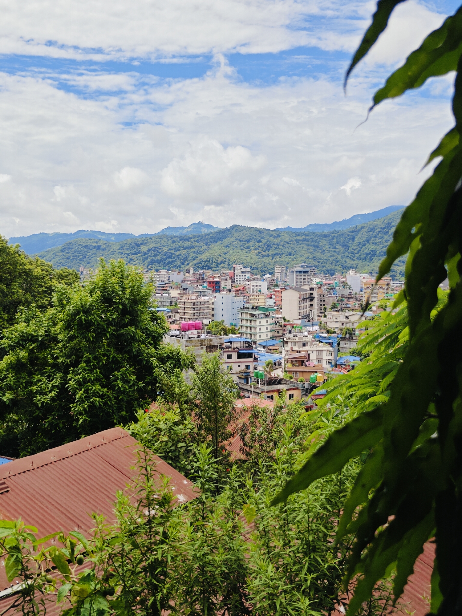This is a medium-angle, eye-level, outdoor photograph taken on a cloudy day, featuring a cityscape with mountains in the background. In the foreground, lush green foliage, including large leaves, partially obscures the view. Below the foliage, a section of a rusty-colored corrugated metal roof is visible.
The middle ground reveals a densely packed urban area with numerous buildings of varying heights and architectural styles. Many of these buildings have light-colored facades, with some featuring blue or red roofs. Water tanks are visible on some of the rooftops. Beyond the city, rolling green mountains form the backdrop, suggesting a location nestled within a mountainous region. The sky above is partially covered with white, fluffy clouds against a pale blue sky.
The image captures a view of Pokhara, Nepal, a city known for its lakeside setting and proximity to the Annapurna mountain range.