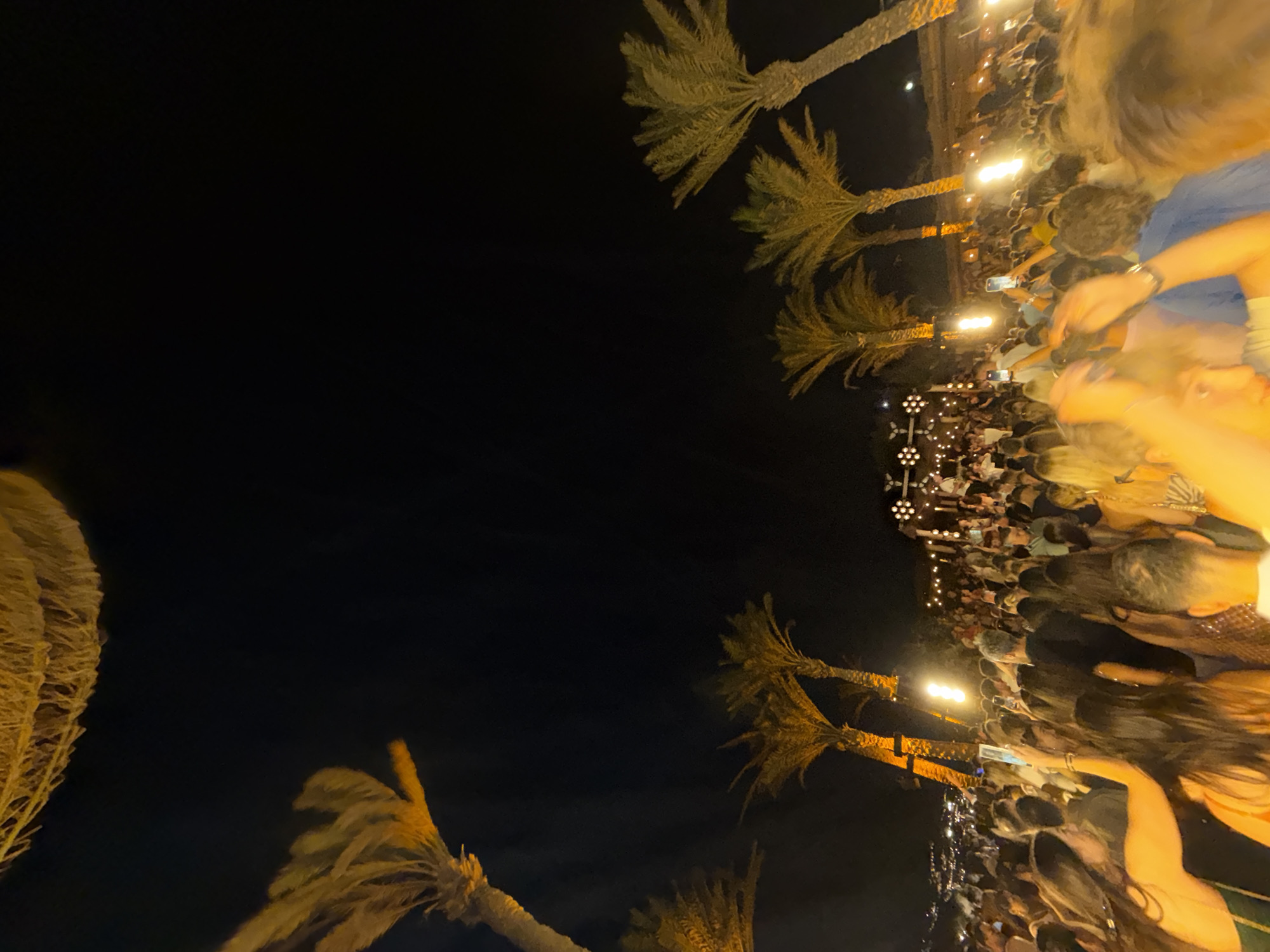 The image depicts a crowded outdoor nighttime event, likely a party or concert, in Psarou, Greece. The scene is illuminated by artificial lighting, with a mix of warm yellow and white lights. Palm trees, with their fronds lit from below, are visible throughout the scene, contributing to a tropical or Mediterranean atmosphere.
A dense gathering of people fills the lower portion of the frame. They appear to be standing and interacting, with many holding up mobile phones, suggesting they are capturing photos or videos of the event. The crowd is diverse in age and gender, dressed in casual attire suitable for warm weather.
In the background, there are structures that appear to be part of a venue, possibly with a stage or elevated area where performers or DJs might be. Lights are strategically placed on these structures, creating a festive ambiance. The overall impression is one of a lively and energetic social gathering under the night sky. The distant horizon shows some blurred lights, hinting at a settlement or cityscape beyond the immediate event area.