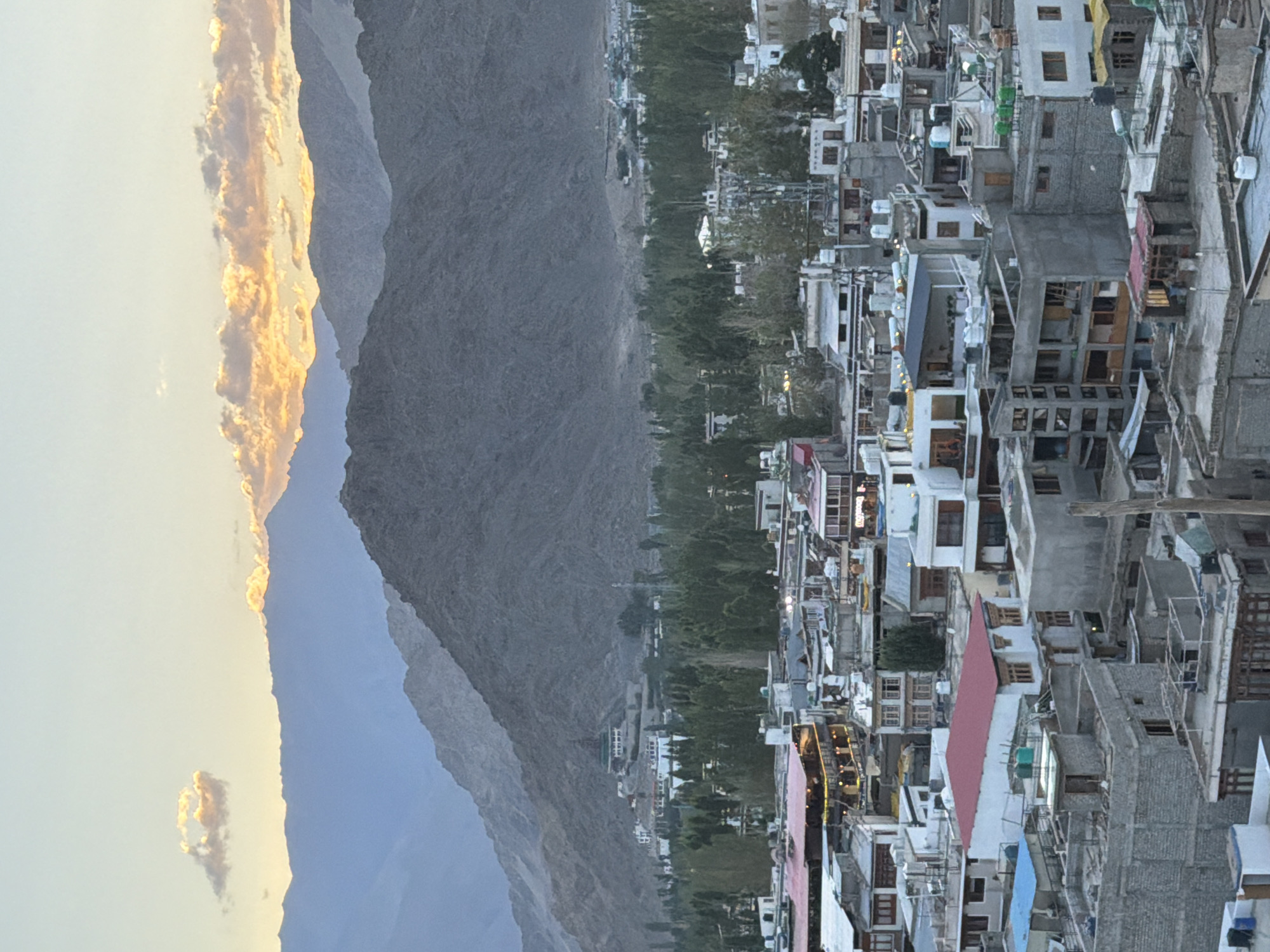This is a high-angle, vertical, full shot of the cityscape of Leh, India, as the sun begins to set. The sky is a pale gradient from a soft yellow at the horizon to a light blue higher up, with scattered clouds catching the last rays of the sun in shades of orange and pink. In the background, layered mountain ranges recede into the distance, their peaks a dusky blue. A prominent monastery or temple structure with a golden roof sits on a hillside among a dense cluster of tall, slender trees that transition into the lower slopes of the mountains.
The foreground and midground are dominated by a dense collection of buildings, characteristic of an urban or semi-urban environment. The architecture is varied, with many multi-story structures built from concrete and stone. Some buildings have flat roofs, while others feature pitched roofs, some of which are bright red. Rooftops are adorned with water tanks and satellite dishes, common in residential areas. The buildings are closely packed, creating a textured urban landscape. Several structures feature external staircases and balconies. Signs of human habitation are evident, with lights visible in some of the windows, suggesting that the photo was taken during dusk or early evening. The overall impression is of a bustling town nestled within a dramatic mountainous landscape.