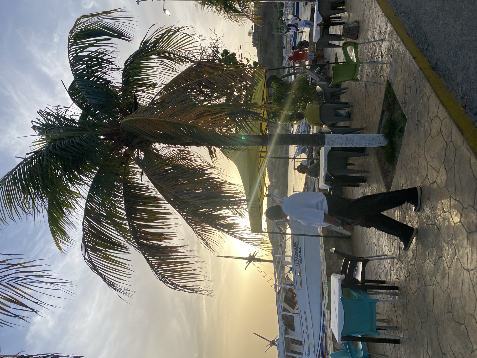The image captures a waterfront scene in Juan Griego, Venezuela, during what appears to be sunset. A palm tree is prominently featured in the foreground, with its fronds extending across the sky. In the middle ground, a man in a white shirt and dark pants walks along a paved walkway lined with tables and chairs, suggesting an outdoor dining area. Several boats are docked in the harbor behind him, and a yellow canopy shades some of the tables. In the background, a hill with a structure on top is visible, and the sun is setting over the water, casting a warm glow on the scene. Several other people are scattered throughout the scene, some seated at tables and others standing. The overall atmosphere is relaxed and leisurely.