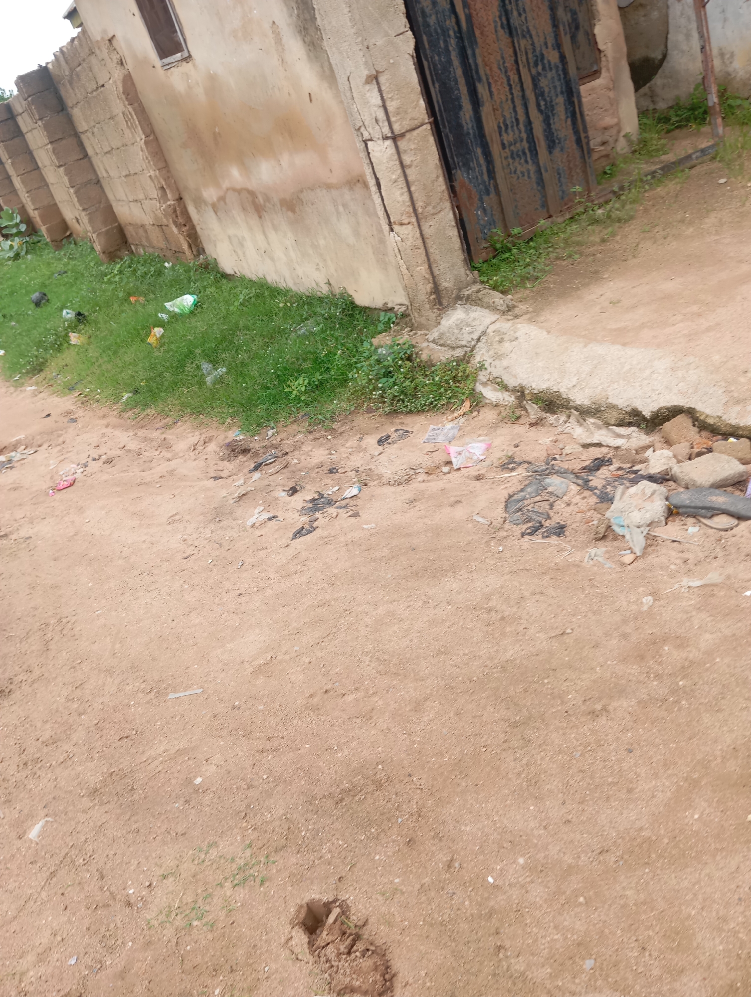 The image depicts an outdoor scene, likely a street or alleyway, in the city of Jalingo, Nigeria. In the background, a weathered, tan-colored building with a rough texture stands alongside a wall constructed from stacked, rectangular blocks. A dark, corrugated metal gate or door is visible against the building. The ground in the foreground is primarily composed of dry, reddish-brown dirt, with scattered patches of green grass and vegetation along the base of the building and wall. The scene appears somewhat unkempt, with debris and litter visible on the ground, including plastic bags and other refuse. There are no people or animals present in the image. The overall impression is of an ordinary, somewhat neglected urban environment.