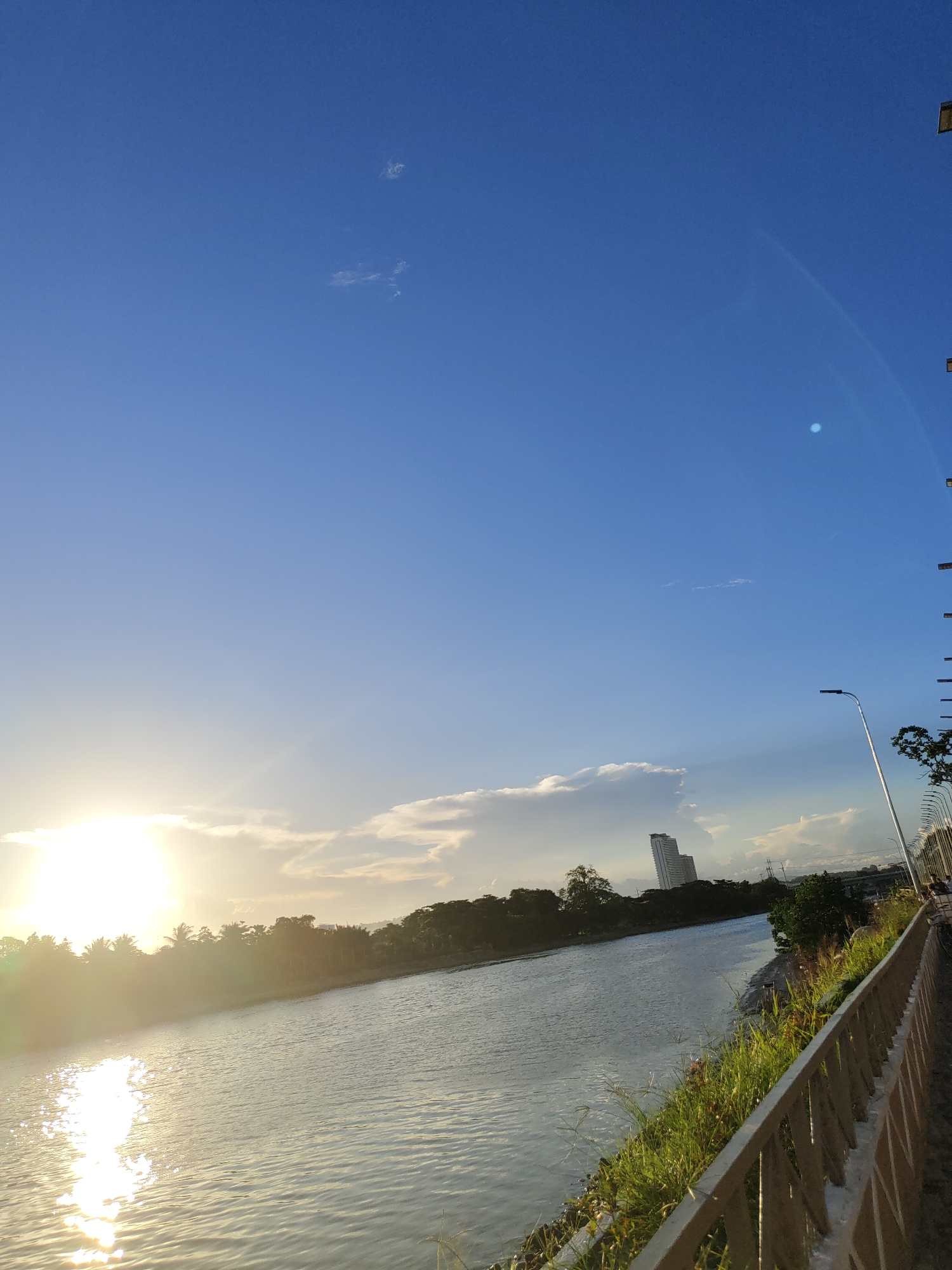 The image depicts a waterfront scene at sunset in Davao City, Philippines. A wide river flows from left to right, reflecting the bright orange sun and the clear blue sky with scattered clouds. A treelined bank separates the river from a modern cityscape, where two tall, slender buildings stand out against the horizon. On the right side of the frame, a metal railing and tall streetlights line a path, suggesting a public promenade or bridge. Tall grasses and other vegetation grow along the edge of the path. The overall impression is one of natural beauty meeting urban development during a tranquil evening.