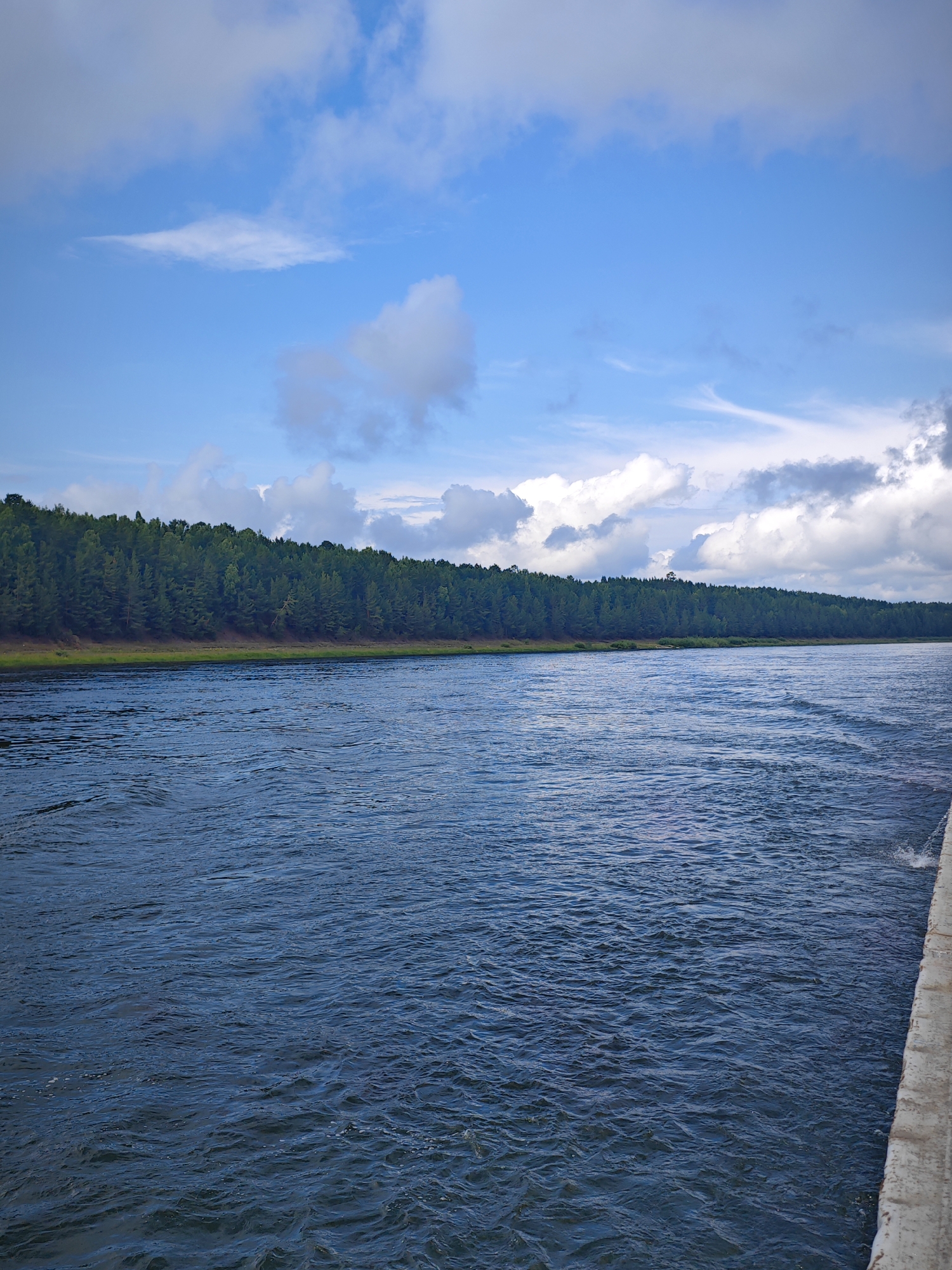 A wide river flows through a natural landscape. The water is a deep blue and shows ripples and small waves, indicating some movement. On the far bank, a dense line of green pine trees stretches across the horizon. Above the trees, the sky is a bright blue, dotted with scattered white and grey clouds, some appearing fluffy and others more wispy. The foreground on the right side of the image shows the edge of a concrete structure, possibly a pier or embankment, running alongside the river. There are no people or animals visible in the scene. The image captures a serene natural vista.