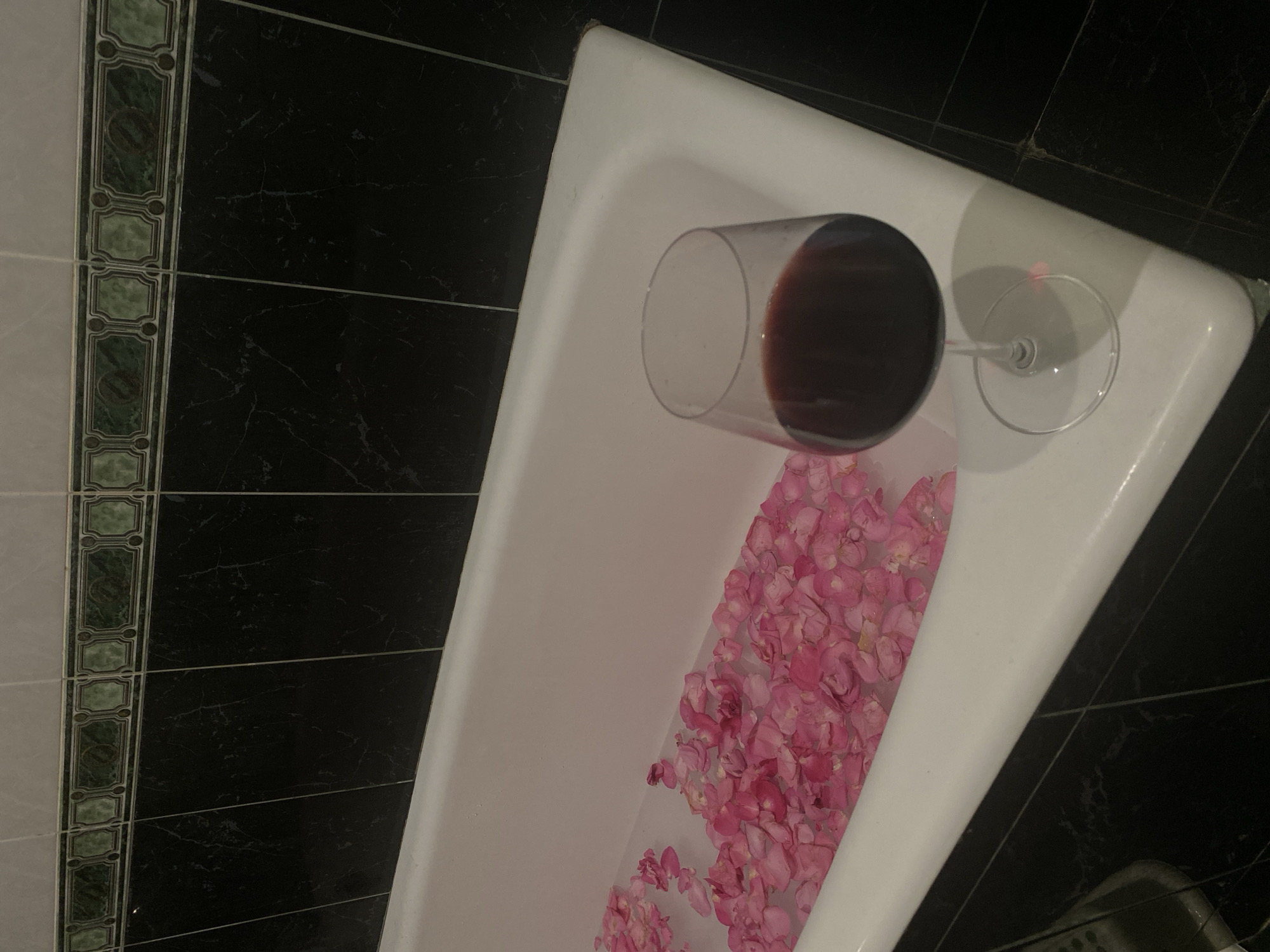 A bathtub partially filled with water and pink rose petals contains a tipped-over wine glass filled with dark red liquid. The bathtub is white and is located in a bathroom with black and grey tiled walls, including a decorative green patterned border on the left side. The environment appears to be indoors. The specific location is not identifiable as Sochi, Russia from this image.