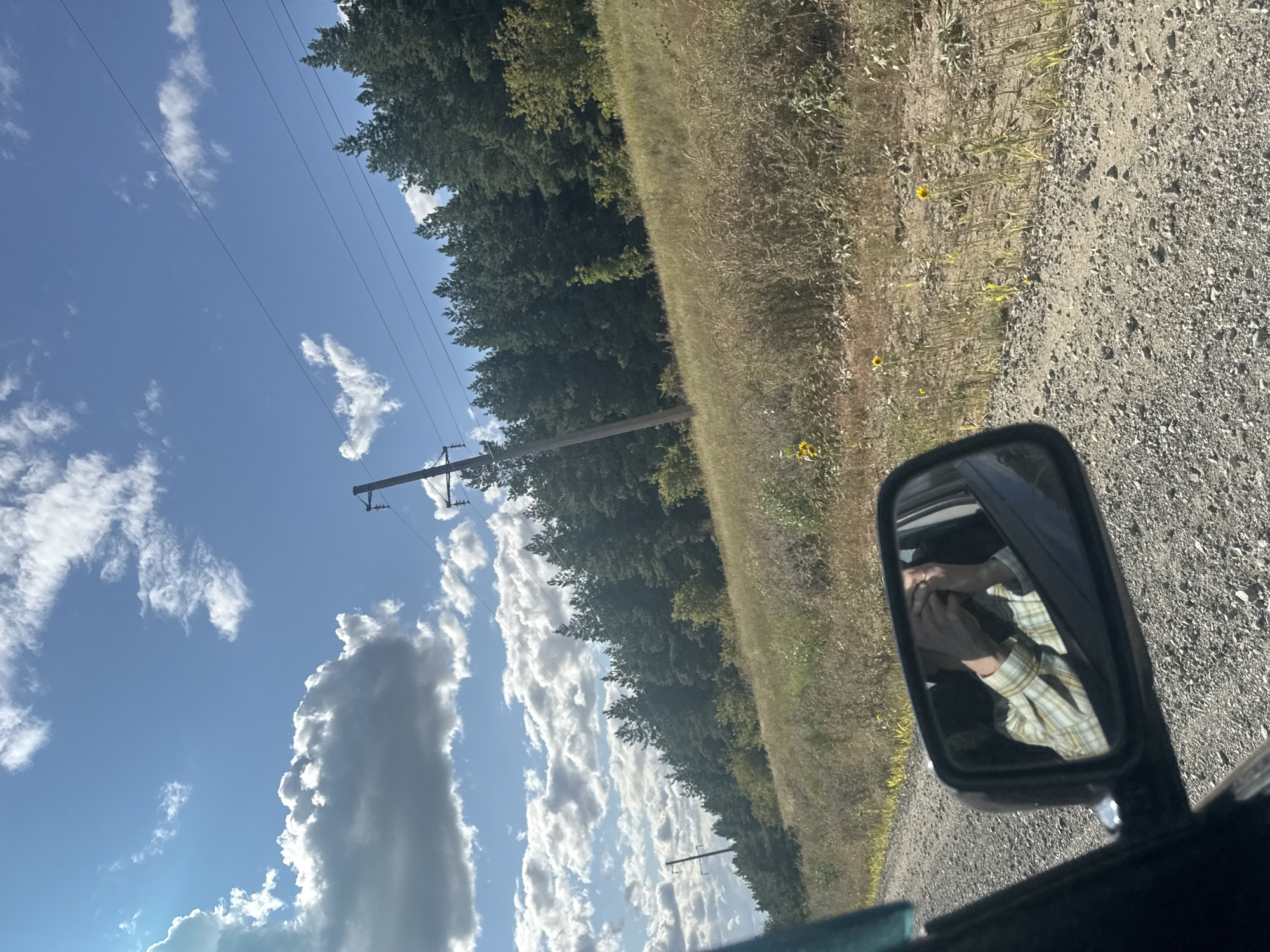 The image shows a reflection in a car's side mirror of a person wearing a plaid shirt, covering their face with their hands. The car is on a gravel road, with a dry, grassy field and a dense forest of pine trees in the background. Power lines and utility poles are visible against a blue sky with scattered white clouds. The scene appears to be set in a rural area, possibly near the city of Vasilyevka, Russia, given the overall environment and vegetation. The lighting suggests it is daytime, likely mid-morning or afternoon.
