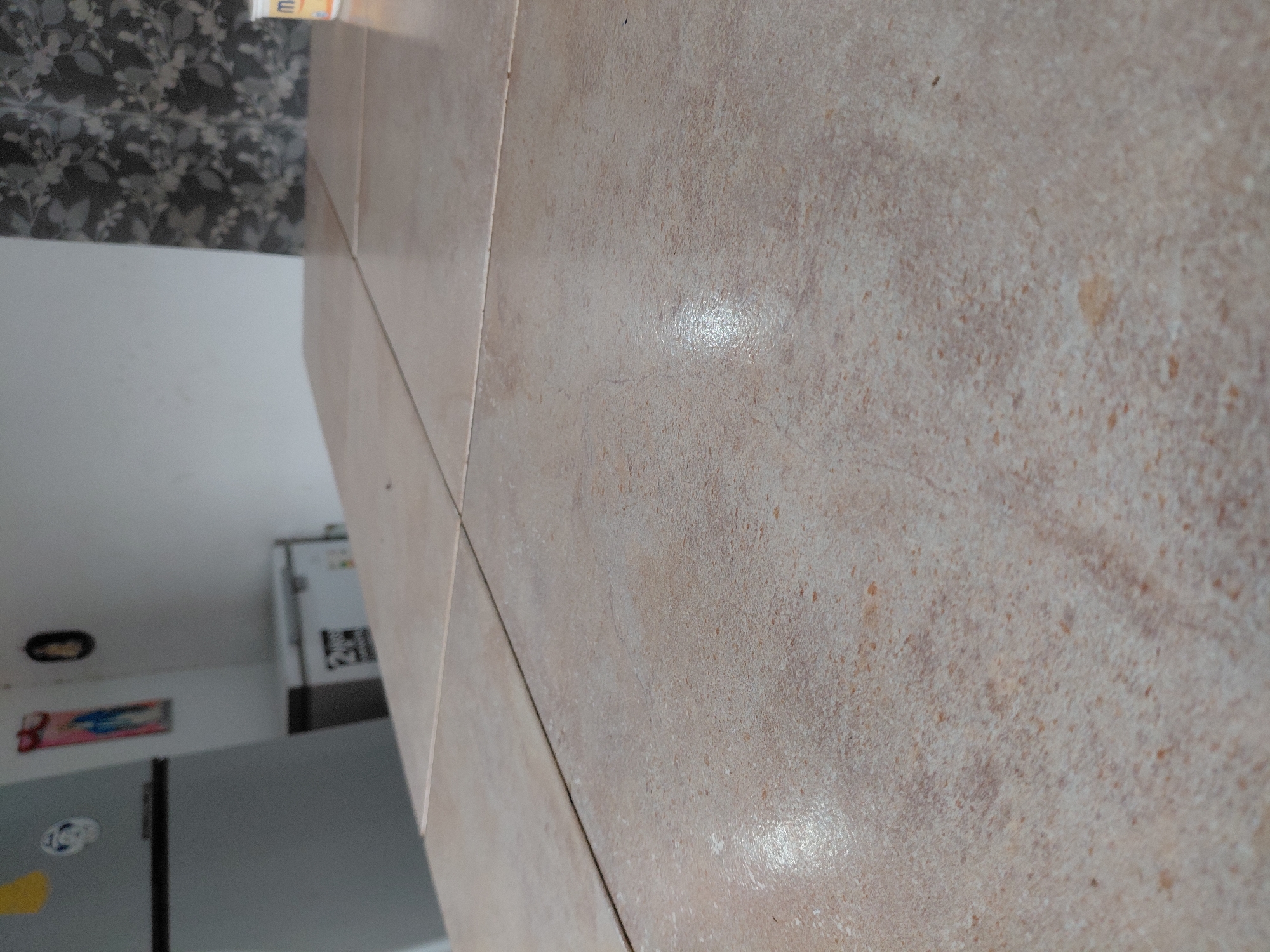 An indoor scene is captured from an oblique angle, featuring a close-up of a tiled surface in the foreground, likely a wall or countertop. The tiles are a light beige or sandy brown color with a speckled, slightly textured appearance and visible grout lines. A bright reflection or glare from an unseen light source is prominent on the glossy surface of the tiles.
In the background, a room is visible, dominated by a light-colored, possibly white, wall. Towards the upper left, a section of dark wallpaper with a repeating light-colored leaf or floral pattern is present. Two refrigerators are in view: a lighter gray or silver one partially seen in the lower left, and a taller white one positioned further back on the left side of the frame. On the white refrigerator, a dark rectangular object with indistinct white text or design is attached. Above the lighter refrigerator, a yellow sticker or magnet is visible. Another decorative item, possibly a framed picture or sign with red and blue colors, is hung horizontally on the light wall. In the very top center of the image, a small piece of paper or card displays the letter "E".
No specific activity is occurring, and no people are present. The lighting suggests daytime, but there are no clear external weather or time-of-day indicators. The setting appears to be a kitchen or utility area. The location context provided is Santa Ana, Venezuela, though no specific visual cues confirm this within the image.