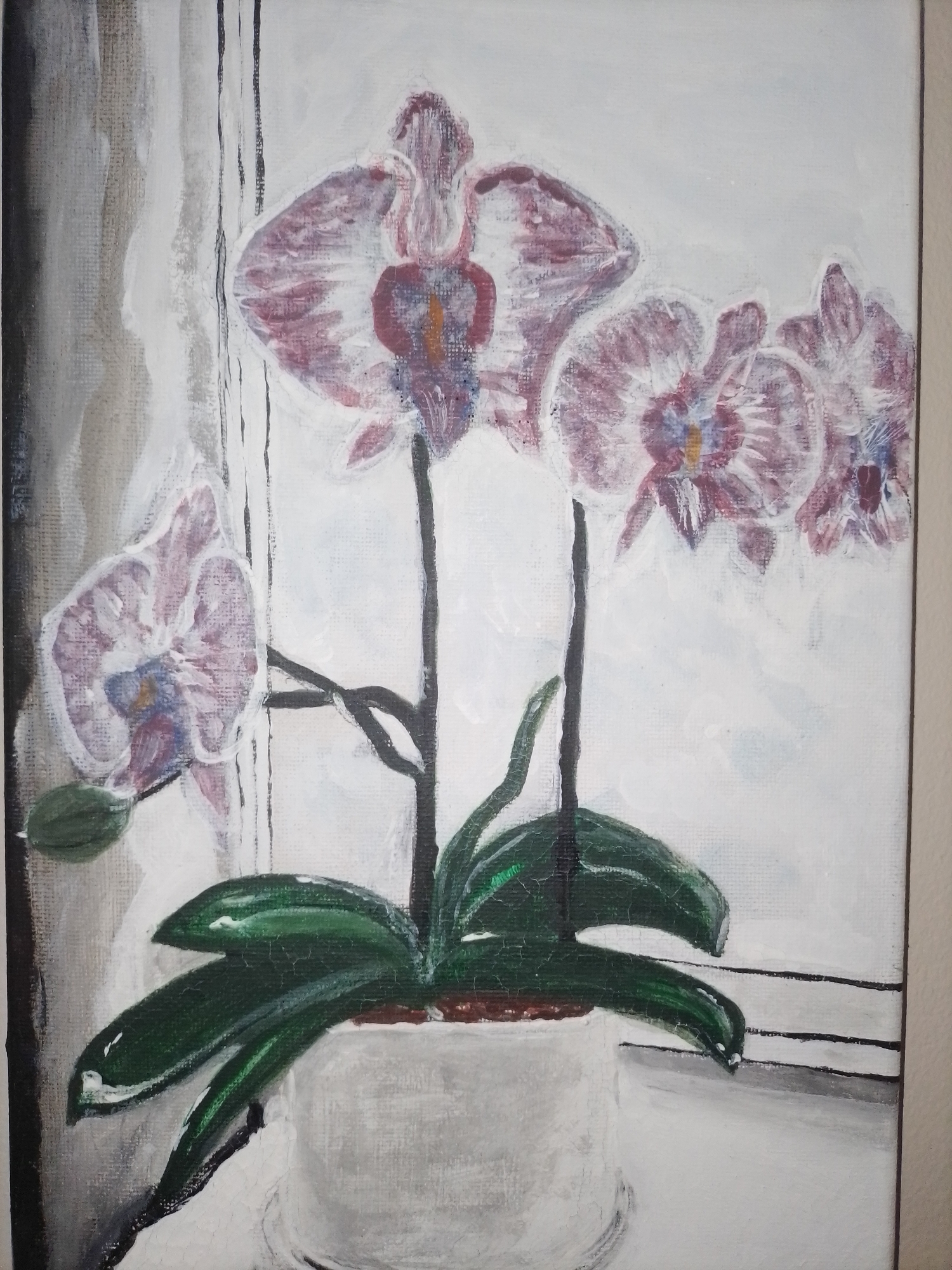 This is a painting of a potted orchid on a windowsill. The orchid has multiple pink and white flowers with purple and yellow centers. It also has several large, dark green leaves. The pot is white and appears to be ceramic. The background is mostly white and gray, suggesting a bright, possibly overcast day. To the left of the pot, there is a depiction of a window with vertical blinds or panes, rendered in shades of gray and white. The painting has a textured appearance, with visible brushstrokes and some cracking in the paint, giving it an aged or distressed look. The setting appears to be indoors, near a window. The overall mood is calm and serene. There is no visible text in the painting.