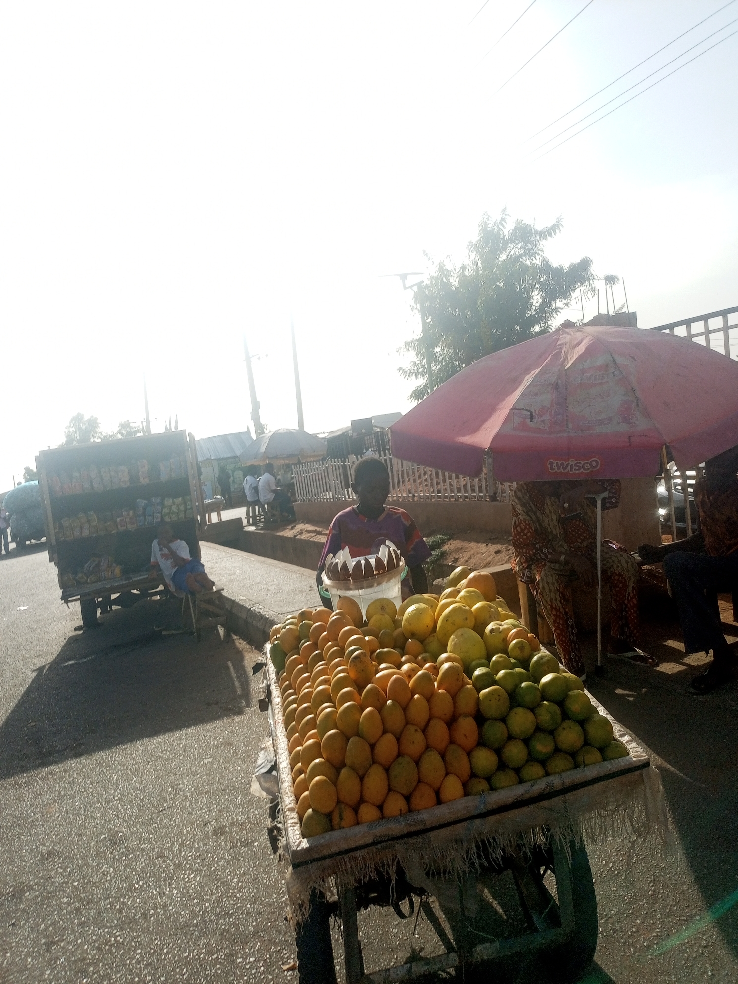 The image depicts a street scene in Gombe, Nigeria. A vendor stands behind a cart laden with oranges and green citrus fruits, likely for sale. The cart is positioned on the side of a paved road, with a "twisco"-branded umbrella providing shade nearby. Other people are visible in the background, including individuals sitting and standing, and another cart selling goods. The lighting appears bright, suggesting it is daytime.