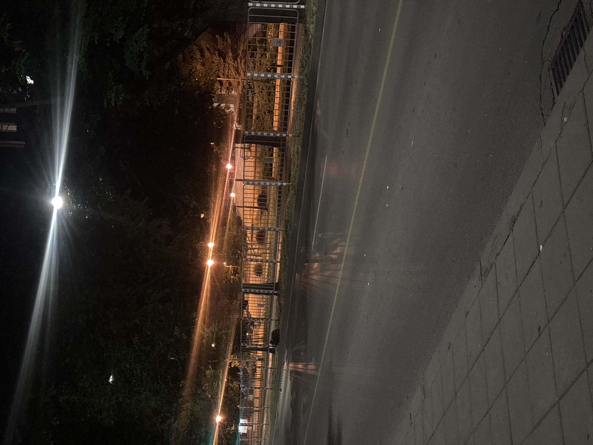 The image depicts a street scene at night in Varna, Bulgaria. A bright street lamp illuminates the upper left portion of the frame, casting a strong beam of light that creates lens flare effects and highlights the dark foliage of trees. Along the right side of the street, a metal fence with vertical bars and horizontal supports separates the sidewalk from what appears to be a park or green space. Several smaller streetlights with orange-tinted bulbs are visible along the fence line. The road surface is wet and reflects the lights, creating streaks of light and distorted shapes. A single yellow line marks the center of the road. The sidewalk on the left is paved with square concrete tiles. A storm drain grate is visible near the bottom right of the image. The overall atmosphere is dim and somewhat deserted, characteristic of a quiet urban street at night.