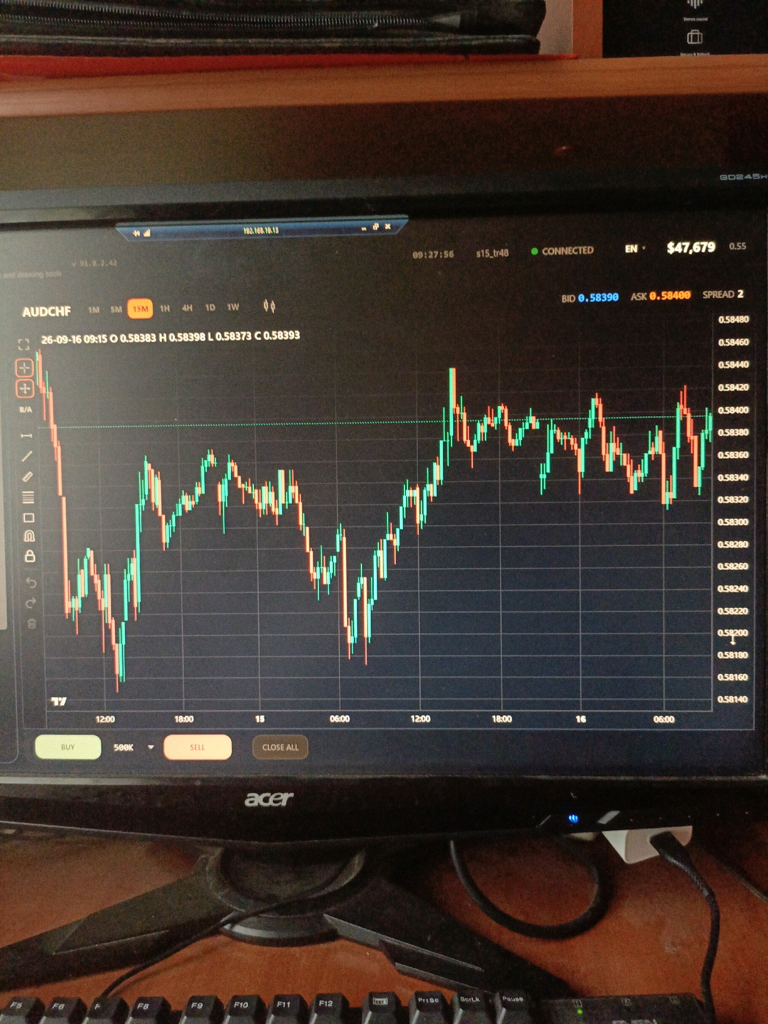 The image shows a close-up of a computer monitor displaying a financial trading chart. The chart shows the AUDCHF currency pair with candlestick patterns indicating price movements over time. The date displayed is "26-09-16" and the time is "09:15". The monitor is placed on a desk with a keyboard visible in the foreground. The environment appears to be indoors, likely an office or home setting. There are no people visible in the image. The city of Ухманы, Russia, is not depicted or suggested in the image.