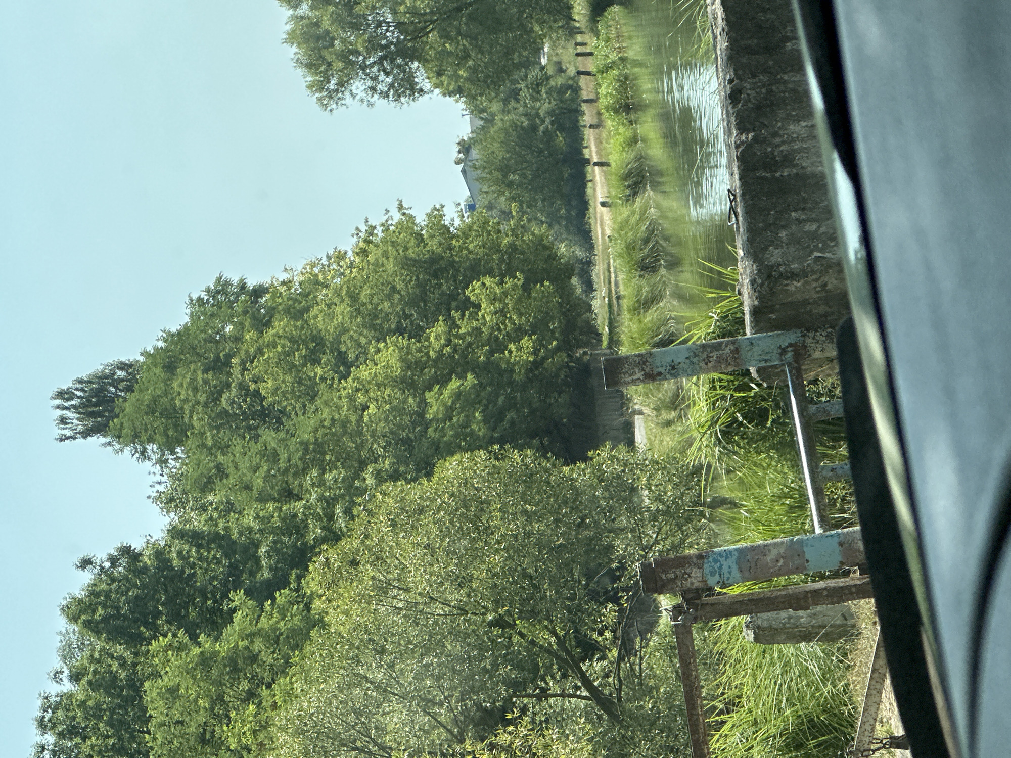 This image shows a canal or small river bordered by lush green trees and vegetation. In the foreground, there is a concrete structure, possibly a bridge abutment or wall, with a rusty metal railing. The railing is attached to two weathered posts, one of which has horizontal blue stripes. Tall grass grows along the canal bank. In the background, dense trees form a natural barrier under a clear blue sky. The scene appears to be a serene natural setting, possibly within or on the outskirts of the city of Makiv, Ukraine, given the context. There are no people visible in the image, and no specific actions or interactions are depicted. The overall impression is one of a tranquil, sunlit day in a rural or semi-rural environment.