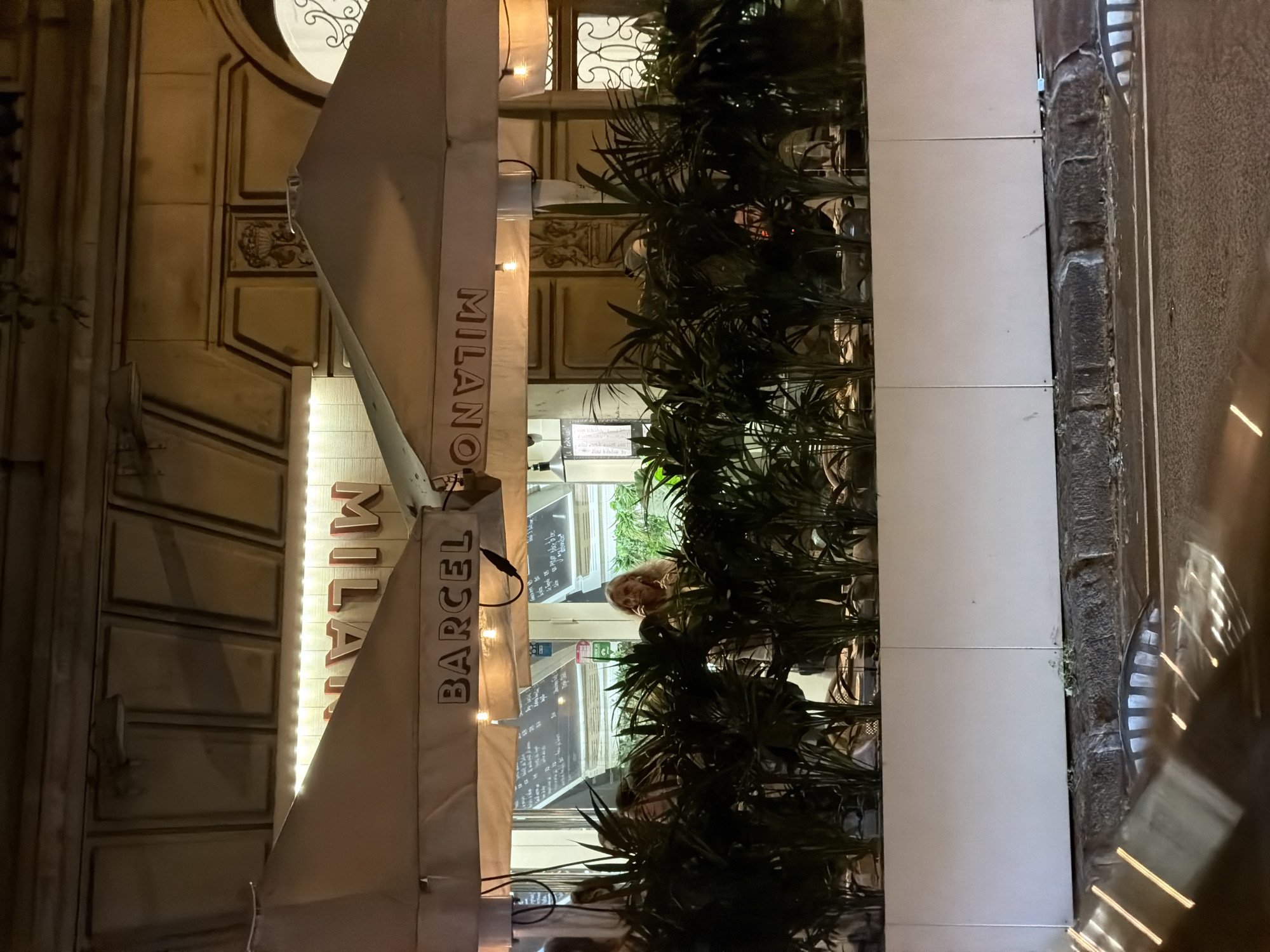 This is a night-time, eye-level, medium shot of an outdoor dining area of a restaurant. The restaurant's name, "BARCELONA MILANO," is visible on the awnings, suggesting it is located in Barcelona, Spain. The restaurant has a modern, sleek design with clean white panels forming a barrier around the outdoor seating area. Lush green plants in planters line this barrier, creating a natural enclosure.
Behind the plants, tables and chairs are set up for dining. A woman with blonde hair is seated at one of the tables, appearing to be engaged in a conversation on her phone. She is wearing a light-colored top and is partially obscured by the foliage. The restaurant interior is visible through large windows, showing a warm, inviting atmosphere with illuminated menus displayed on the walls.
The exterior architecture features ornate detailing and stone facades, indicating a historic building. The lighting is dim, with string lights and lamps casting a warm glow over the dining area. The foreground shows a street with reflections of lights, suggesting the presence of vehicles or streetlights. The overall scene conveys a sense of relaxed urban dining at night.
