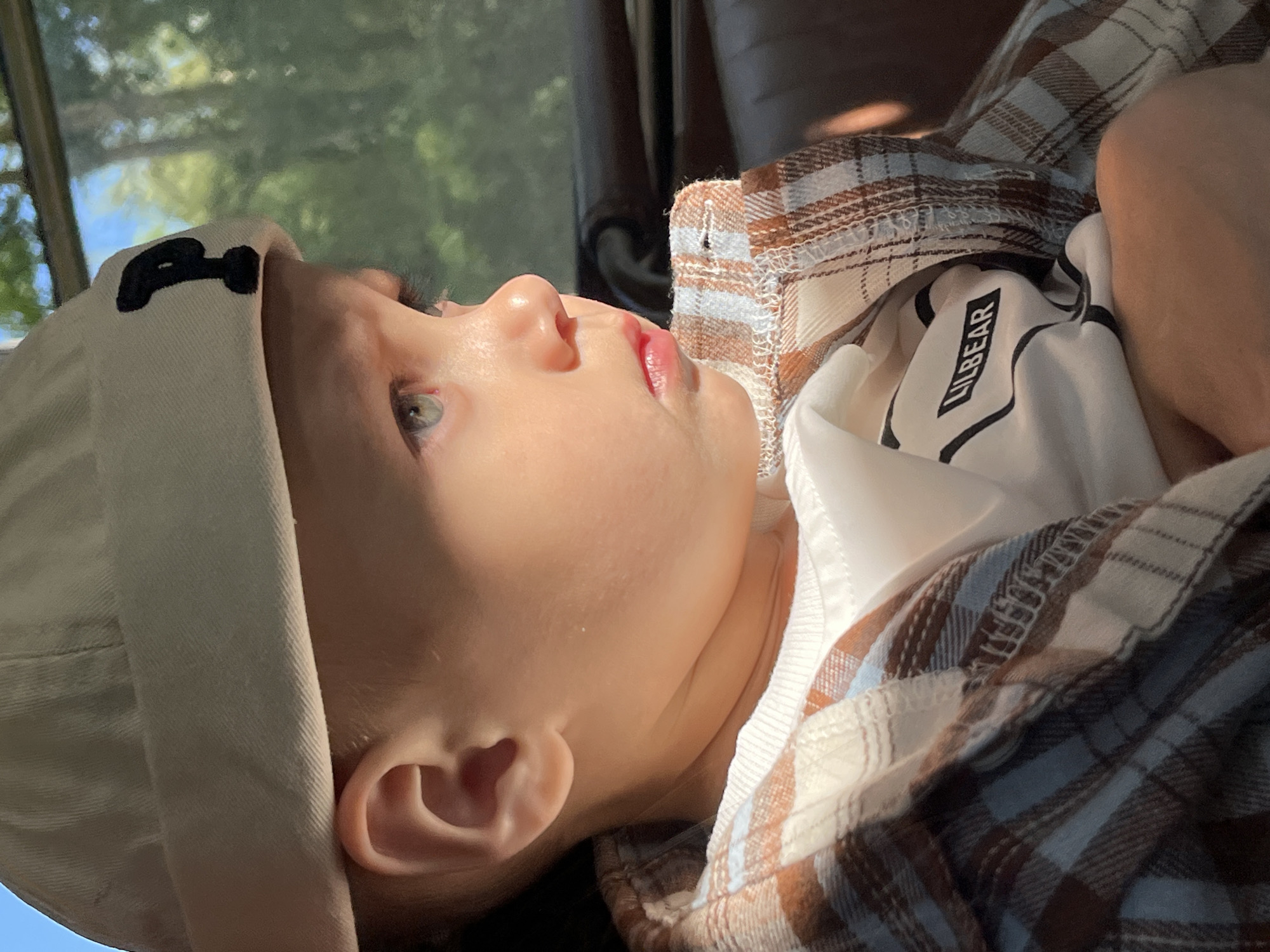 A close-up shot depicts a baby lying on their back, facing upwards and slightly to the right. The baby has fair skin, a light-colored cap with a dark design on the side of the brim, and is wearing a white shirt under a brown and blue plaid shirt. The baby's eyes are open and focused. Sunlight is casting strong shadows across the baby's face. Part of a vehicle window is visible in the background, showing foliage outside. There is no evidence to suggest that the scene is located in Гаревая, Russia.