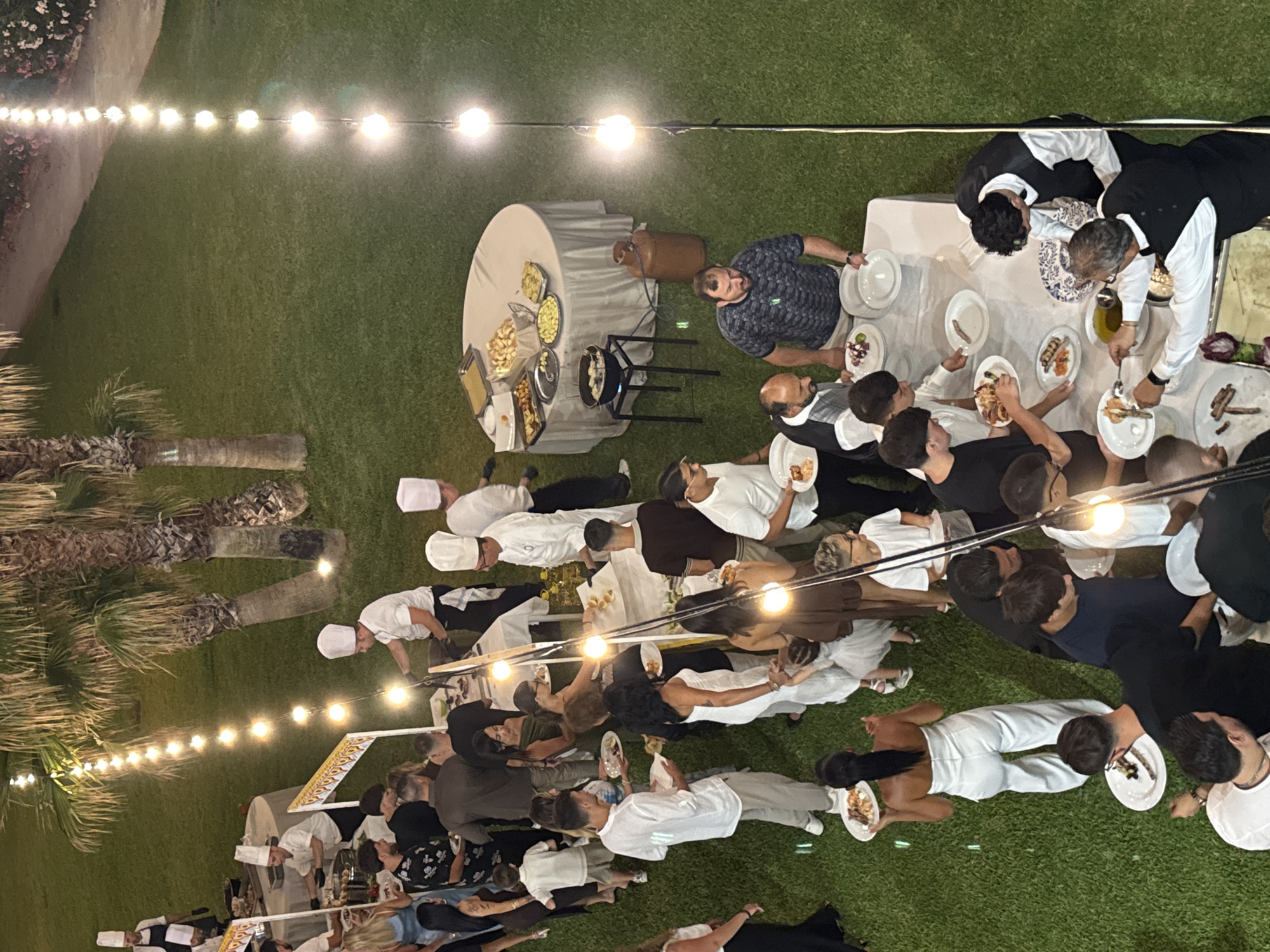 This is a high-angle, medium shot of an outdoor catering event on a grassy lawn, likely in Isola delle Femmine, Italy, judging by the palm trees and typical Mediterranean architecture visible in the background. A string of illuminated bulbs runs vertically through the scene.
Several groups of people are gathered around serving tables laden with food. In the foreground, a group of men are selecting food from a long table. One man in a black vest and white shirt is serving from a chafing dish. To his left, other men are holding plates and choosing items.
Further back, a line of people, mostly women, are queuing at a buffet table, which is set up with various dishes. Some are holding plates. Several individuals in chef attire are present, serving food and attending to the guests. One chef in a white hat and uniform is visible near the buffet line.
In the mid-ground, a round table is covered with a white cloth and displays several bowls of food, including what appears to be bread and some kind of fried item. A portable stove with a pot is also on this table.
Palm trees are scattered throughout the background, and a low wall or railing is visible further back, suggesting the event is taking place in a garden or courtyard setting. The overall impression is of a lively and well-attended outdoor event.