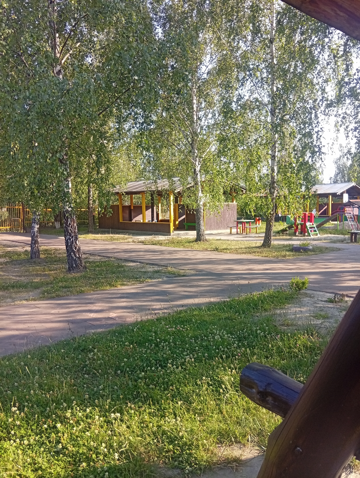 The image depicts a park area with birch trees, picnic pavilions, and a playground. In the foreground, a path paved with square bricks is visible, with grass and clover growing alongside. Several birch trees with distinctive white and black bark stand on the left side of the path. Behind the trees, there are two open-sided wooden pavilions with yellow accents, likely for picnics. The pavilion on the right appears to have a playground attached, with a slide and climbing structure. A yellow metal fence runs along the edge of the park in the background. The scene is bathed in sunlight, casting shadows across the path. The image appears to be taken in an outdoor public space.