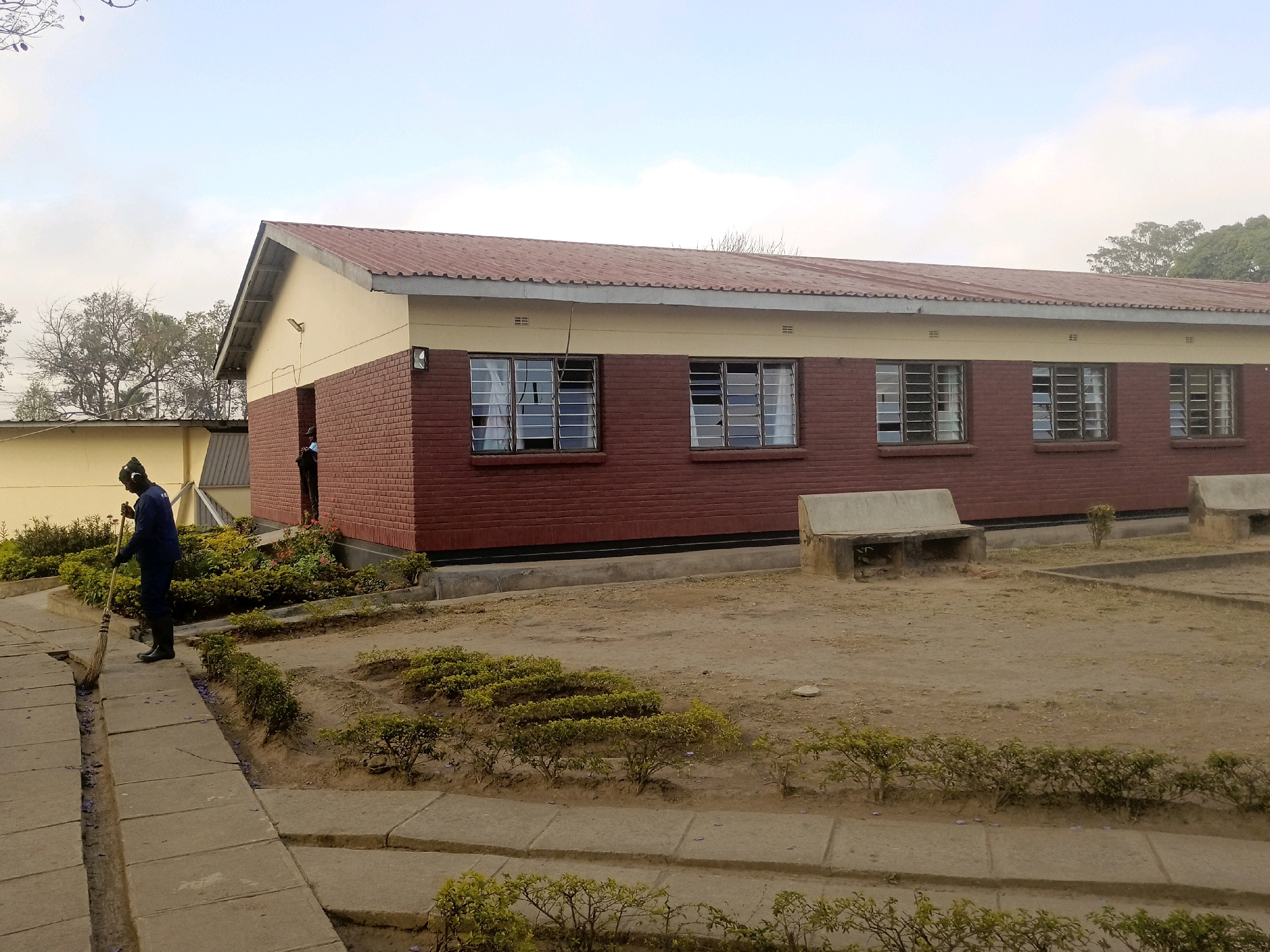 In Limbe, Malawi, a man in a blue uniform and black boots is sweeping a concrete pathway with a broom. He is facing away from the camera, towards a row of windows on a brick building. The building has a light yellow trim below the roofline, which is made of corrugated metal. Several windows on the building are open, revealing white curtains inside. In front of the building, a concrete bench sits in a sandy courtyard with scattered, low-lying green bushes. The scene appears to be a school or institutional setting, with a neutral, overcast sky overhead.