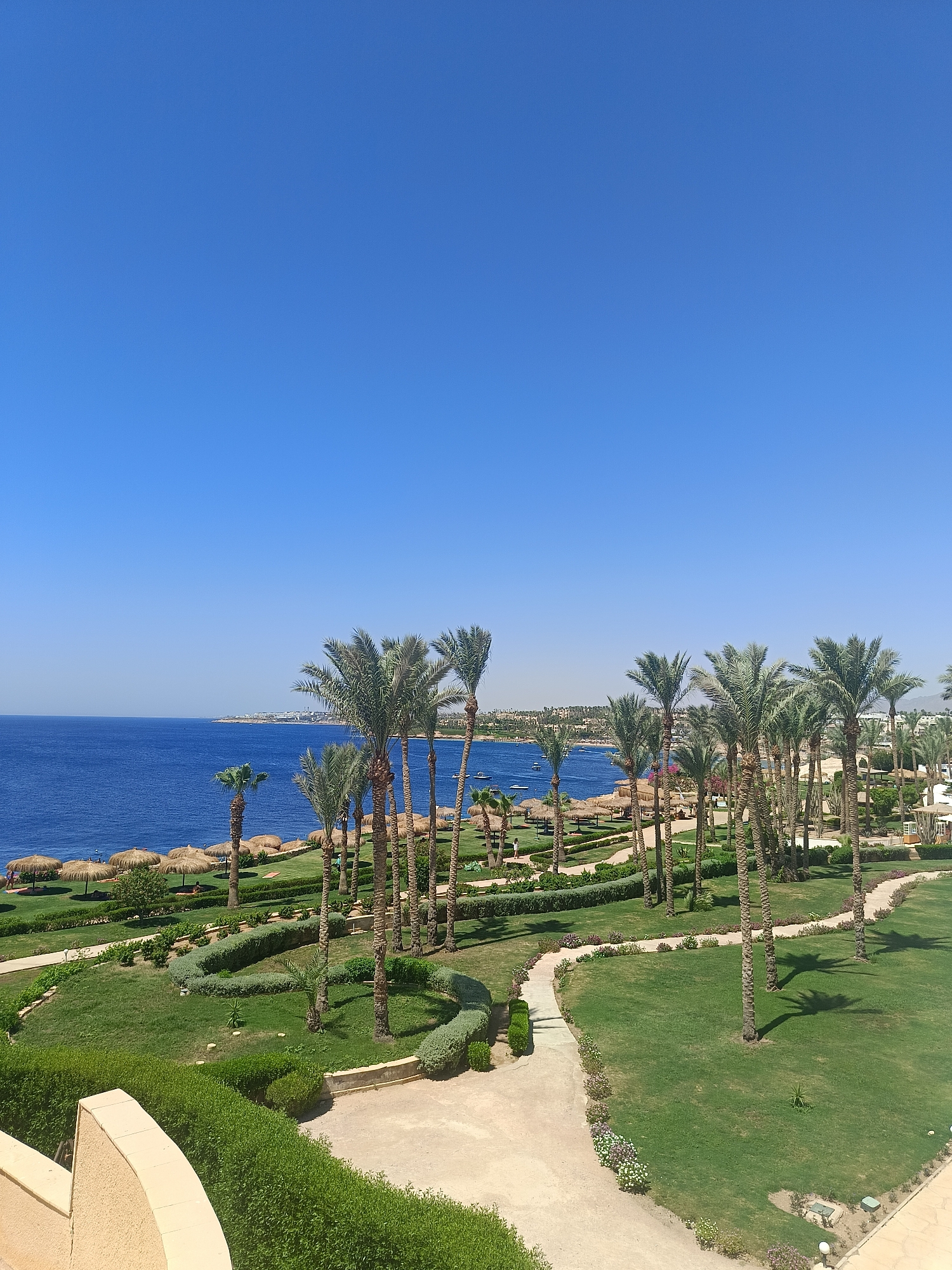 The image depicts a scenic view of a tropical resort with a clear blue sky and a calm blue sea. In the foreground, there is a well-maintained garden with lush green grass, winding pathways, and neatly trimmed hedges. Several palm trees are scattered throughout the garden, casting shadows on the ground. In the middle ground, there is a beach area with thatched umbrellas and lounge chairs, suggesting a place for relaxation. The sea extends to the horizon, with a few boats visible in the distance. The background shows a coastline with buildings and more palm trees, indicating a developed resort area. The overall impression is one of a serene and luxurious vacation destination.