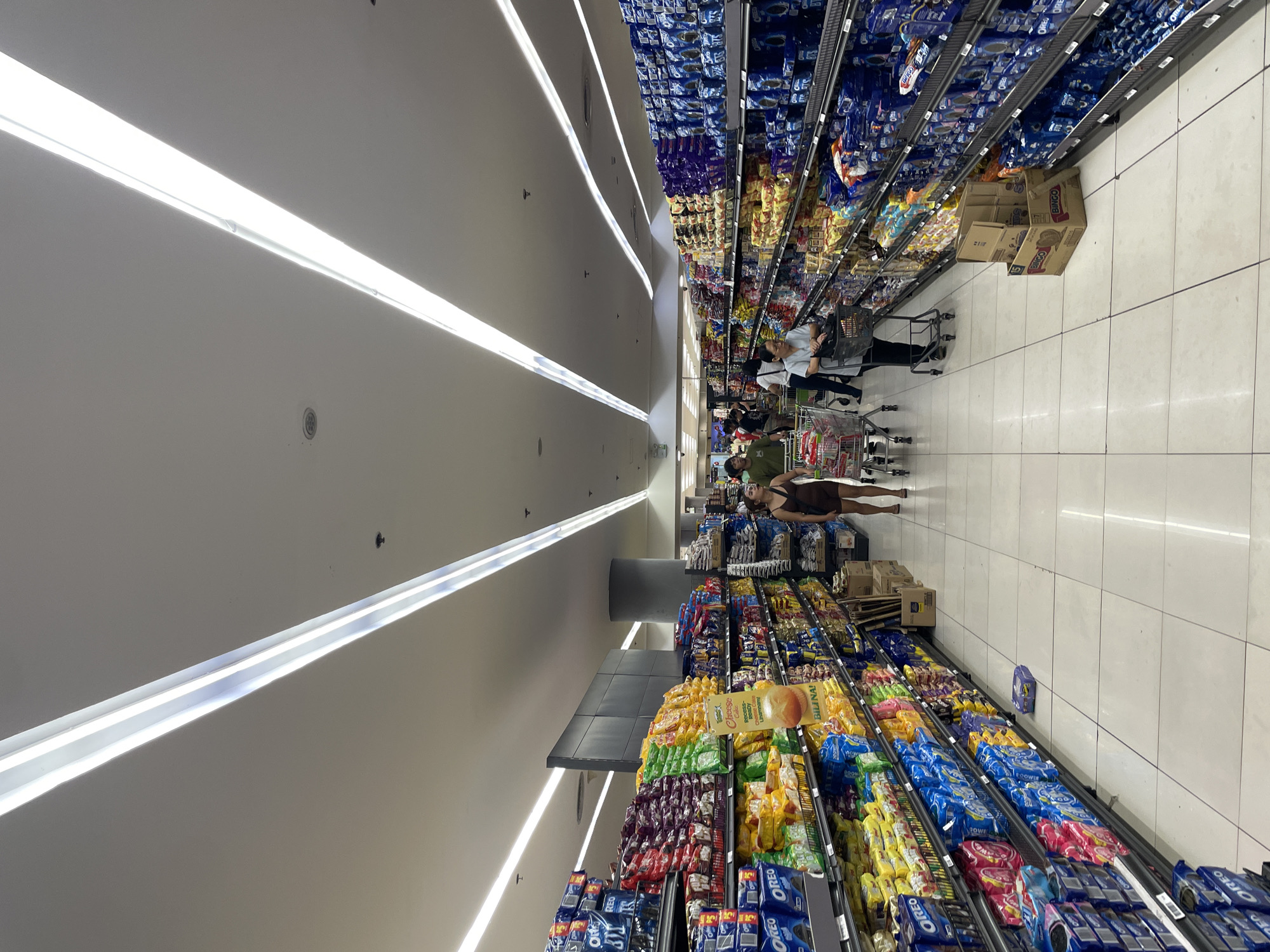 The image depicts an interior view of a supermarket aisle, likely within a Gaisano Mall in Davao City, Philippines, given the visual cues. Bright, modern fluorescent lighting illuminates the scene from the high, white ceiling. Long, parallel aisles are lined with shelves stocked with various packaged goods, predominantly snacks like cookies, chips, and biscuits, identifiable by their colorful packaging.
In the foreground and mid-ground, shoppers are seen navigating the aisles with shopping carts. A woman in a dark dress pushes a cart on the right side, her back to the camera. To her left, another woman in a light blue top with glasses is also pushing a shopping cart. Further down the aisle, a couple is visible, the woman in a brown dress and the man in a green shirt, walking side-by-side. Several other shoppers and their carts are dispersed throughout the aisle, indicating moderate customer traffic.
The shelves are organized with items stacked neatly, with some products in plastic wrapping and others in cardboard boxes. Boxes of "Bingo" brand items are stacked on the floor near the right aisle. The flooring consists of large, white square tiles, reflecting the overhead lighting and contributing to the overall bright ambiance of the supermarket. The environment is clean and orderly, typical of a commercial retail space. The composition of the image, with its receding lines of the shelves and ceiling lights, creates a sense of depth and emphasizes the scale of the supermarket.