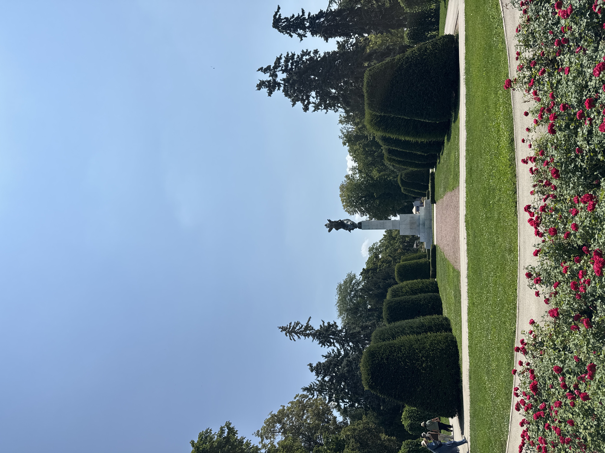 This is a full shot of a park on a clear, sunny day. In the foreground, a bed of vibrant red roses curves along a pathway. Behind the roses, a well-maintained lawn stretches towards a central pathway lined with sculpted evergreen hedges. In the distance, at the end of this pathway, stands a monument featuring a bronze statue atop a white pedestal. The park is surrounded by a variety of trees, some tall and conical, others fuller and more rounded. To the left of the pathway, two individuals are walking away from the camera, one wearing a blue dress and a straw hat, and the other in a green top and dark pants. The sky is a clear, pale blue with a few faint specks that could be distant birds or dust. The scene is located in Belgrade, Serbia, specifically at the Monument to the Liberators of Belgrade in Kalemegdan Park.