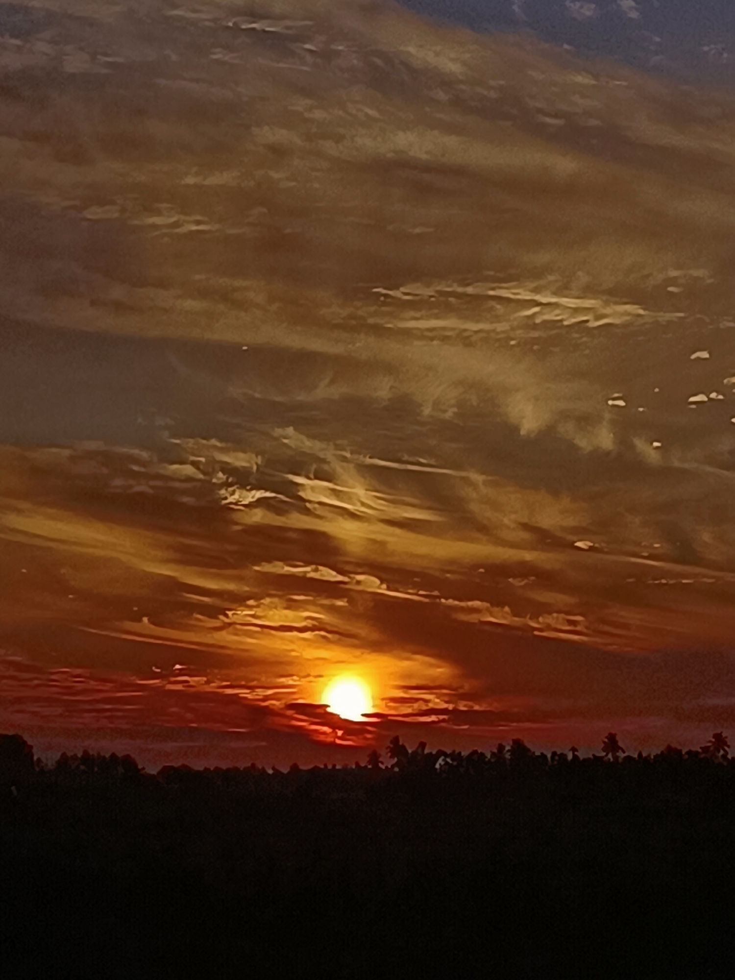 A sunset is depicted over a silhouette of trees in Meunasah Pupu, Indonesia. The sun, a bright orb of orange and yellow, is low on the horizon, casting a warm glow on the scattered clouds. The clouds are a mix of oranges, yellows, and grays, with some appearing wispy and others more dense. The trees in the foreground are dark silhouettes against the colorful sky, their shapes indistinct due to the low light. The overall impression is one of a peaceful and serene end to the day.