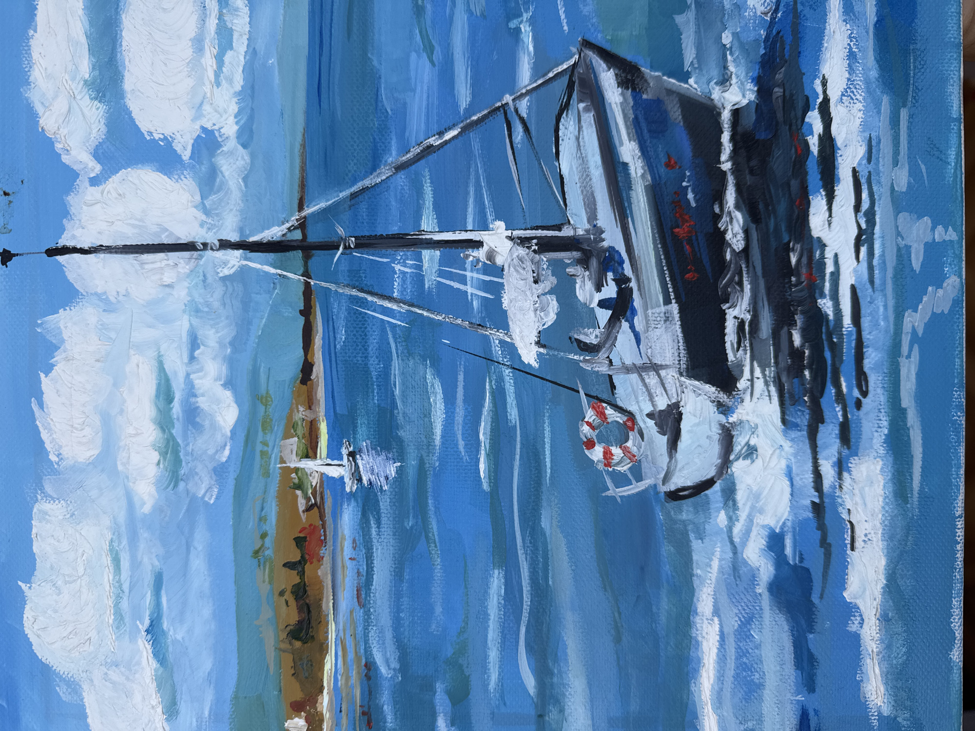 This impasto-style painting, likely executed in acrylics or oils, depicts a sailboat actively navigating bright blue waters under a vibrant sky. Visible, textured brushstrokes are prominent, particularly in the clouds and water, adding depth and movement to the scene.
The main subject is a large sailboat, rendered in shades of dark blue, black, and white, positioned prominently in the right half of the canvas. It appears to be sailing upwards and slightly to the right, with its mast extending towards the top of the frame. A distinct red and white life preserver is visible, hanging off the starboard side of the boat. White paint is used to create the impression of churning waves and foam around the hull, indicating speed and dynamic motion.
On the left side of the painting, a clear blue sky occupies the upper quadrant, adorned with thick, textured white clouds. Below the clouds, a strip of distant land or coastline, painted in earthy brown and green tones, stretches horizontally across the lower left. A small, indistinct white shape, possibly another distant boat or structure, can be seen near this landmass. The water filling the right side of the canvas is a mosaic of various blues, with vertical strokes suggesting reflections or choppy conditions.
The overall scene portrays a bright, sunny day on open water, suggesting breezy conditions conducive to sailing. No text is visible in the image.