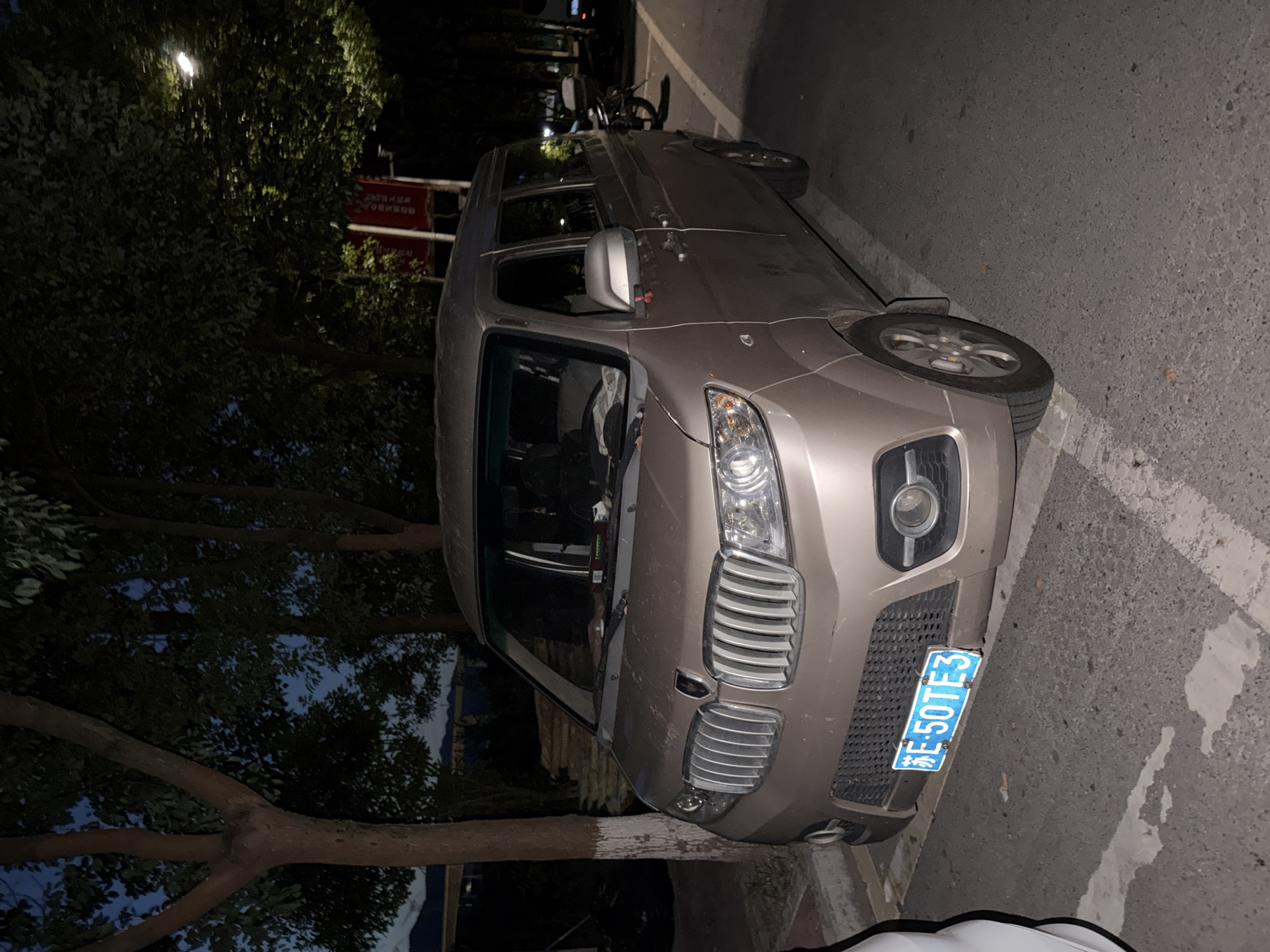 A gold minivan is parked on a street at night. The minivan has a prominent grille and a license plate that reads "苏E 50TE3". The street appears to be in an urban or suburban area, with trees and streetlights visible. The ground is paved with asphalt, and there are white lines marking parking spaces. In the background, a motorcycle is parked. The overall impression is that of a typical street scene in a Chinese city, possibly Jiangjin, China, given the license plate's provincial code "苏" which corresponds to Jiangsu province.