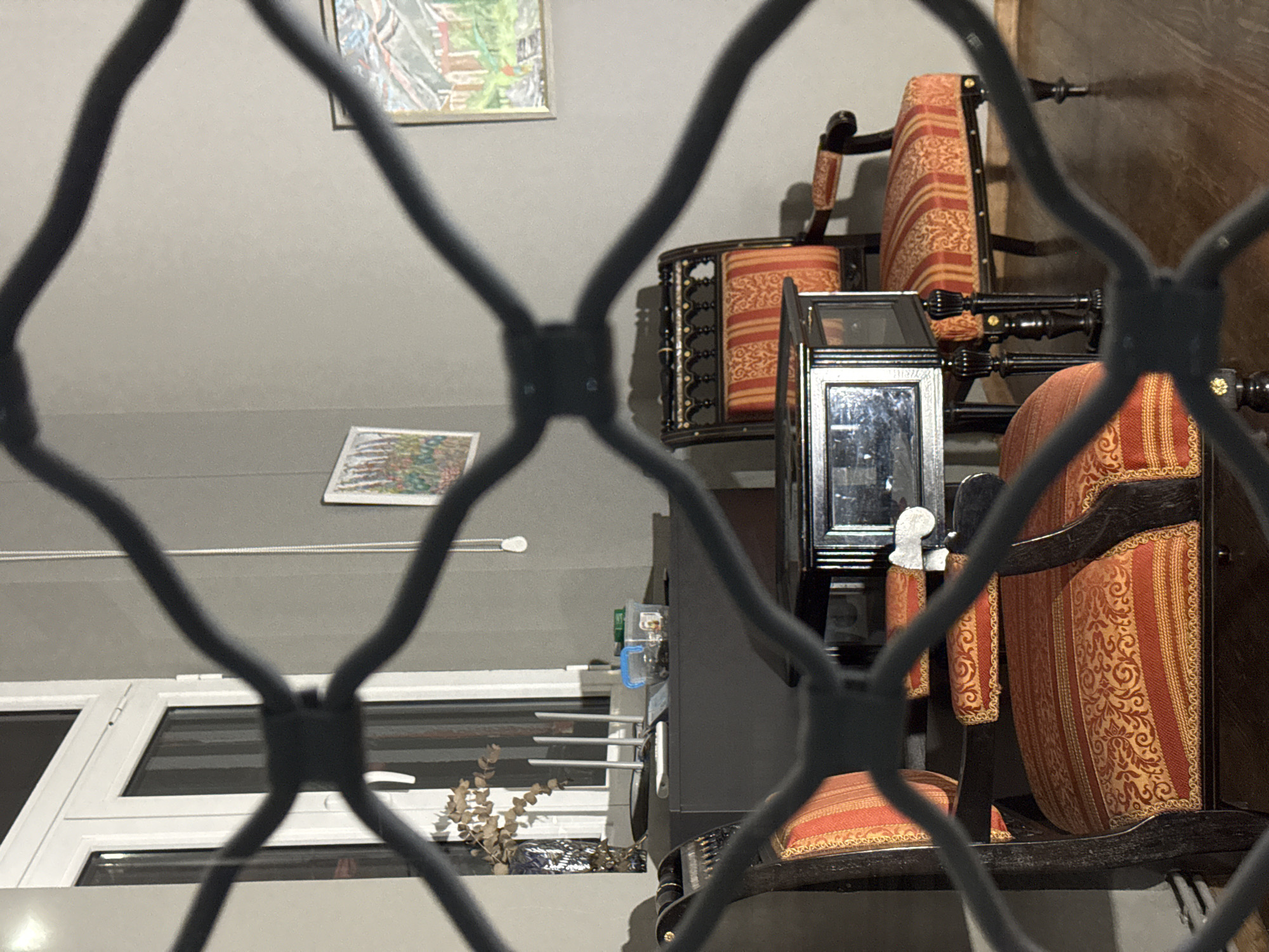 View through a barred window of an interior with antique furniture. There are two paintings on the wall. Below the window sits a vase with dried floral arrangements. The location is likely Sofia, Bulgaria.